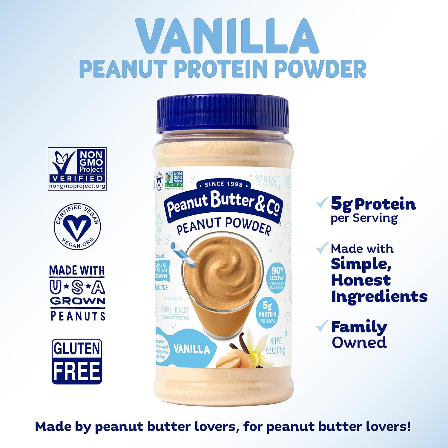 Peanut Butter & Co. Vanilla Peanut Butter Powder, 6.5 oz (2 Pack) | Non-GMO Project Verified, Gluten Free, Vegan, Vanilla Peanut Butter Powder, Low Fat, Protein for Smoothies, Baking & Recipes