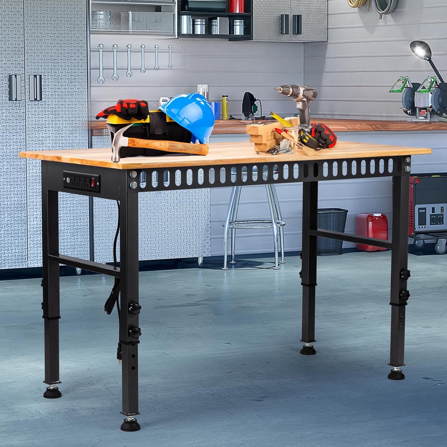 48" Adjustable Workbench, Work Table with Wheels and Power Outlet | 2000LBS Load Capacity Rubber Wood Top Workstation, Heavy-Duty Craft Table for Garage Workshop