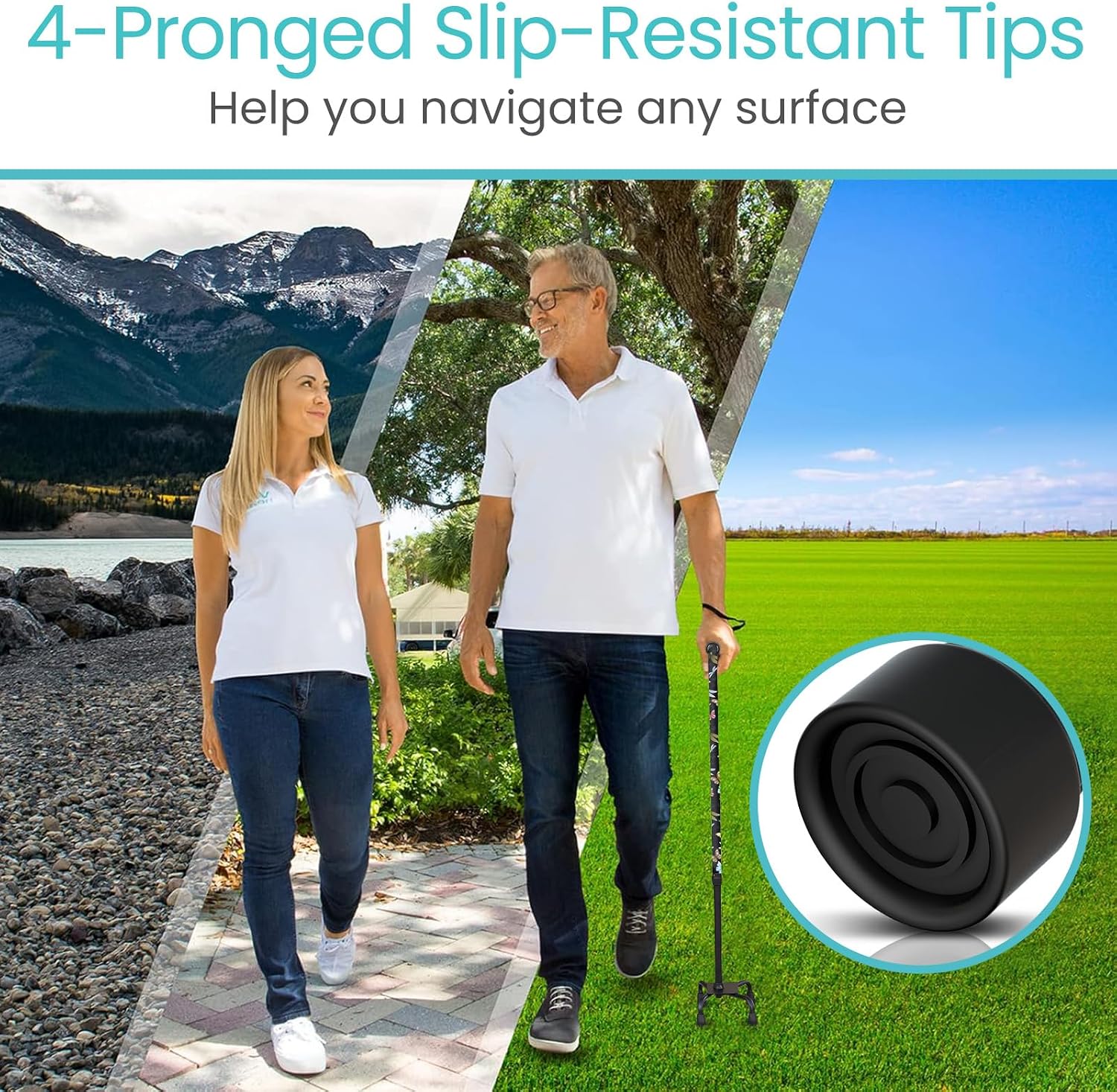 Vive Quad Cane - Walking Stick for Men and Women - Lightweight Adjustable Staff - Comfortable Right and Left Hand Grip for Stability Support - Four Prong Sturdy Aluminum Travel Aid - 4 Tip Blue | Senior 4 Prong Walking Stick for Stability & Balance- Righ…