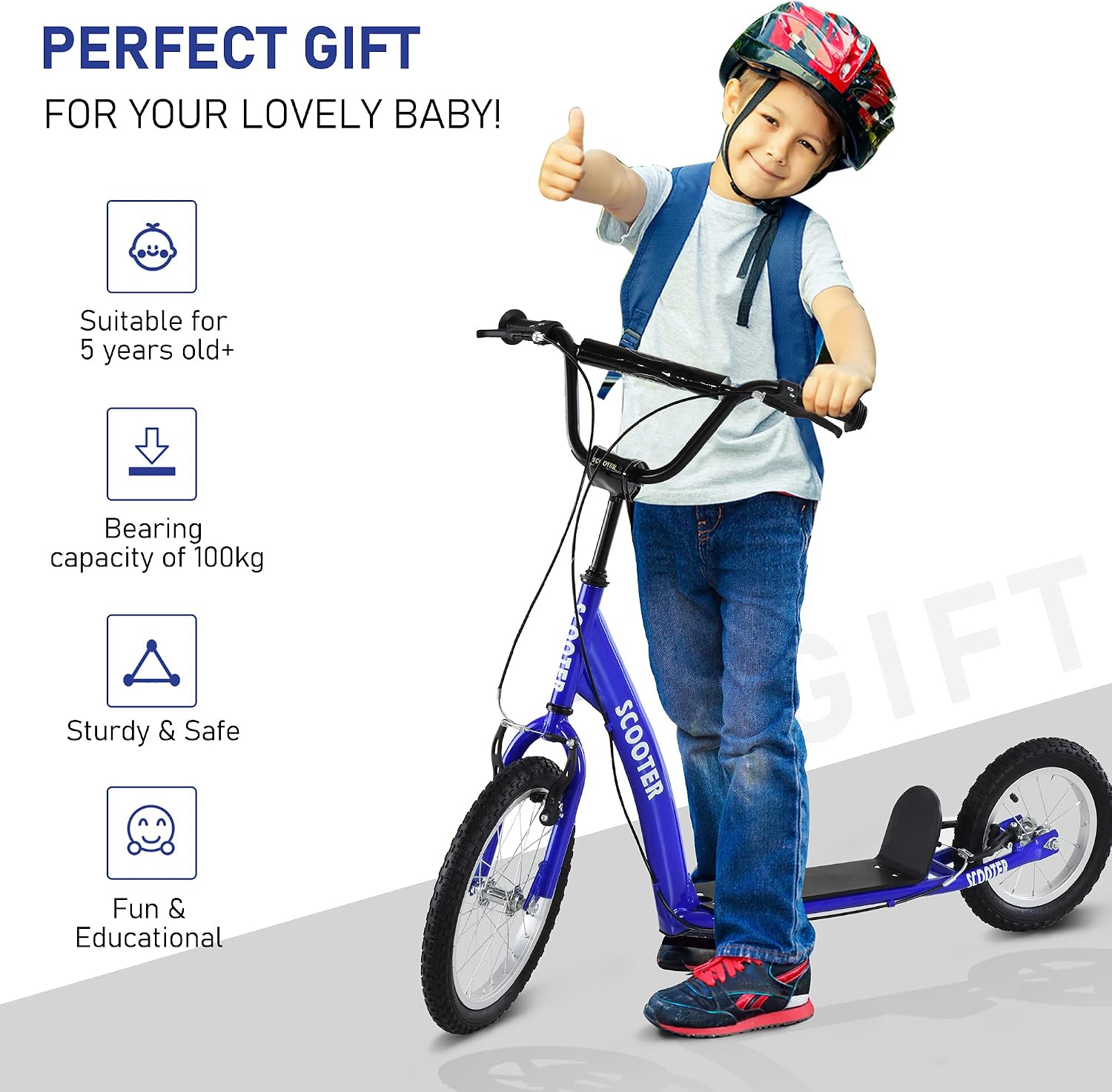 Aosom Youth Scooter Kids 5+ Adjustable Handlebar 16" Front 12" Rear