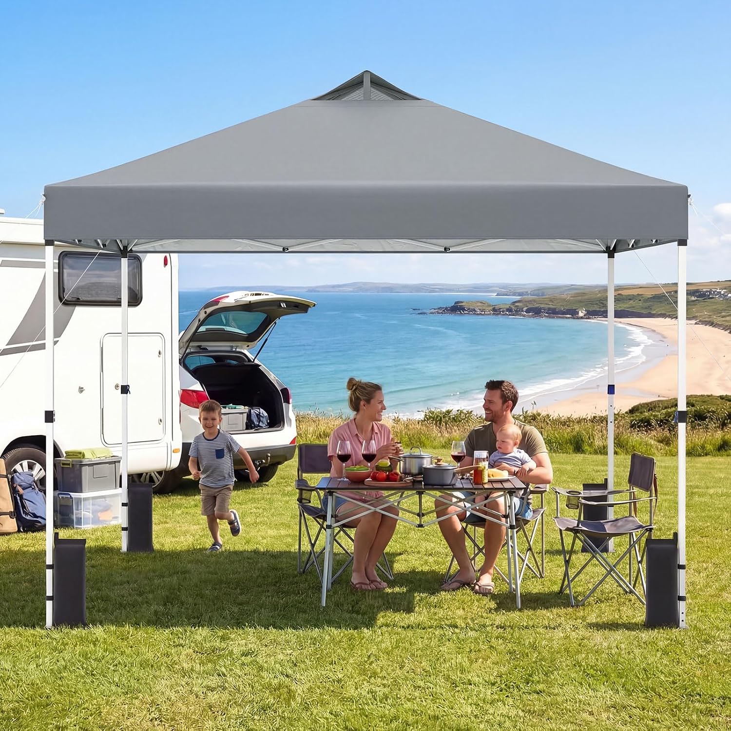 Tangkula 10 x10 Ft Pop Up Canopy with Center Lock, UPF 50+ One-Button Setup Outdoor Canopy Tent with Roller Bag, 4 Sand Bags, Heavy-Duty Steel Frame