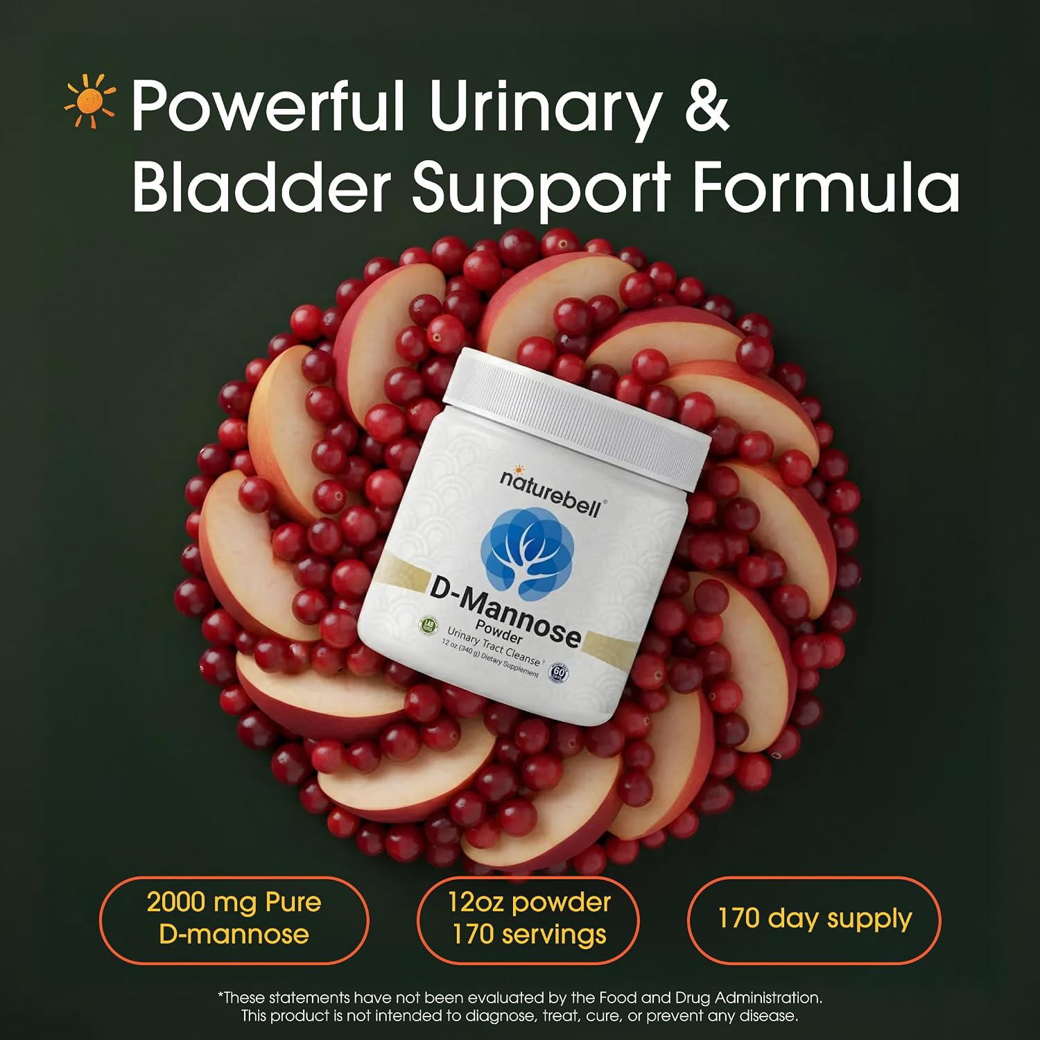 NatureBell D-Mannose Powder - 12oz - High Potency 2g Per Scoop - Fast Acting Support for Healthy Urinary Function & Bladder Wellness* - Pure