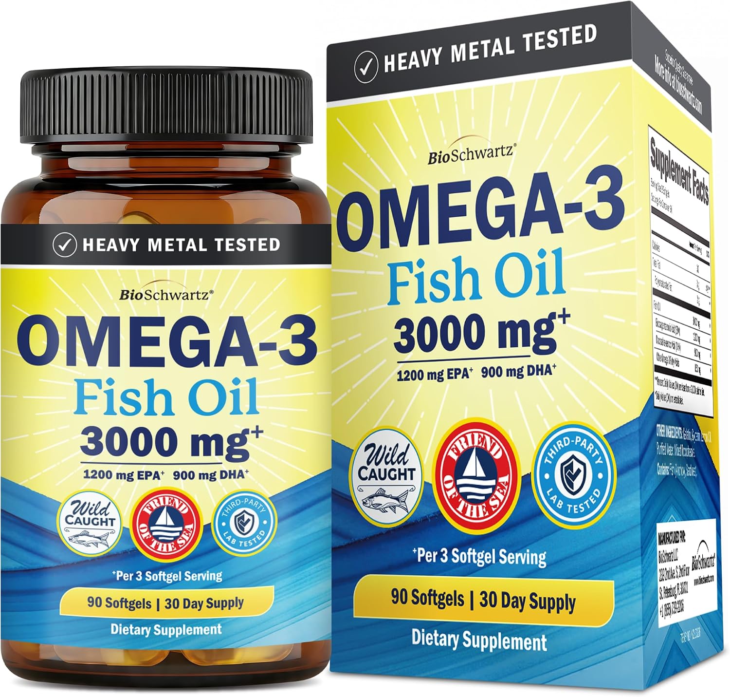 Triple Strength Omega 3 Fish Oil 3000mg for Women and Men, 90 Softgels | High Potency Omega 3 Supplement, Burpless Lemon Flavor Fish Oil - 2250mg Essential Fatty Acids with DHA & EPA, Wild Caught