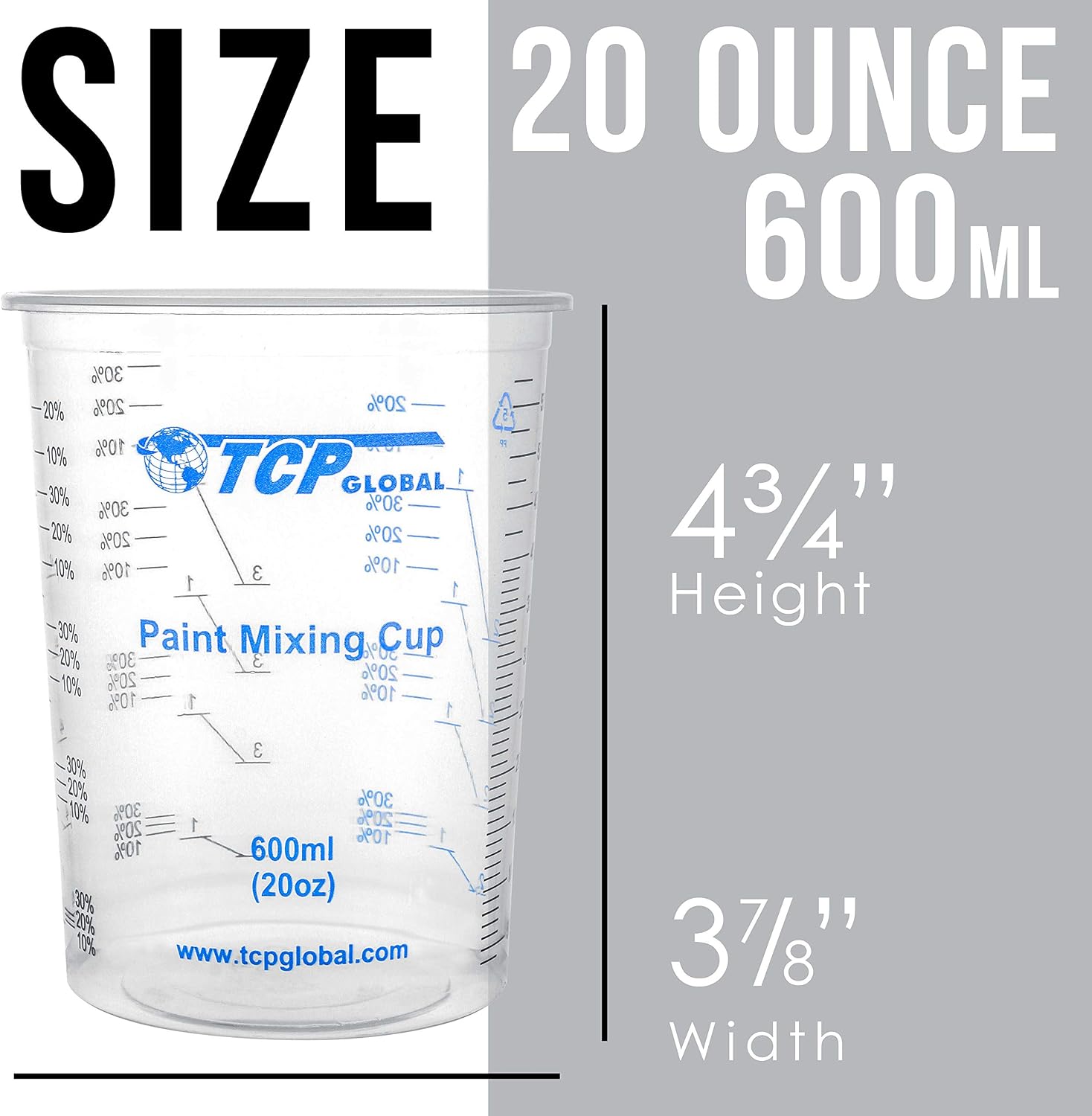 TCP Global 20 oz. (600ml) Graduated Plastic Mixing Cups - Box of 50