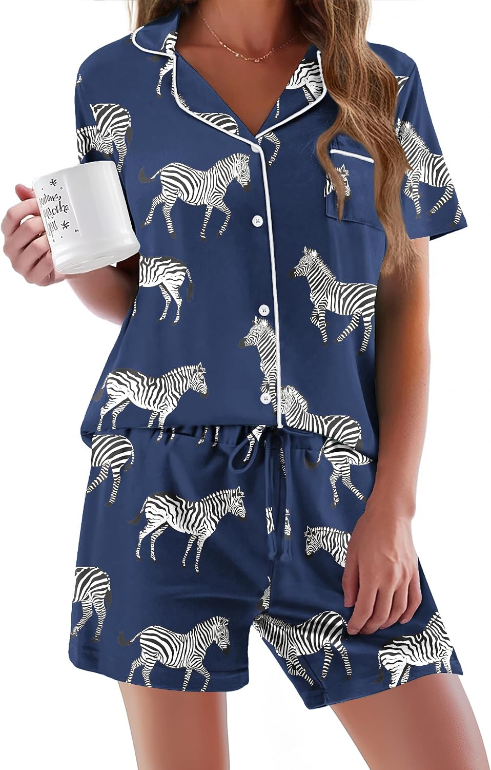 Ekouaer Pajamas Set for Women Short Sleeve Sleepwear Button Down Pj XS-XXXL | Summer 2 Piece Lounge Set, Soft Fabric, Drawstring Waistband, for Bridesmaid Bride Party, Plus Size, Petite, Cute Pattern
