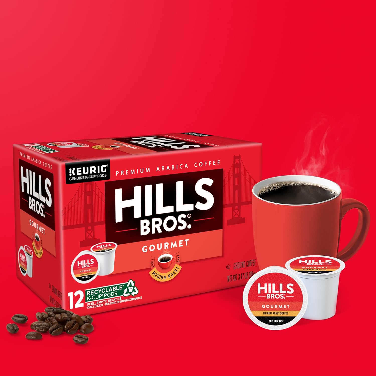 Hills Bros Single Serve Coffee Pods, 100% Colombian Ground Coffee, Medium Roast, 12 Count – Keurig Compatible, Roasted 100% Arabica Beans, Smooth Balanced Flavor