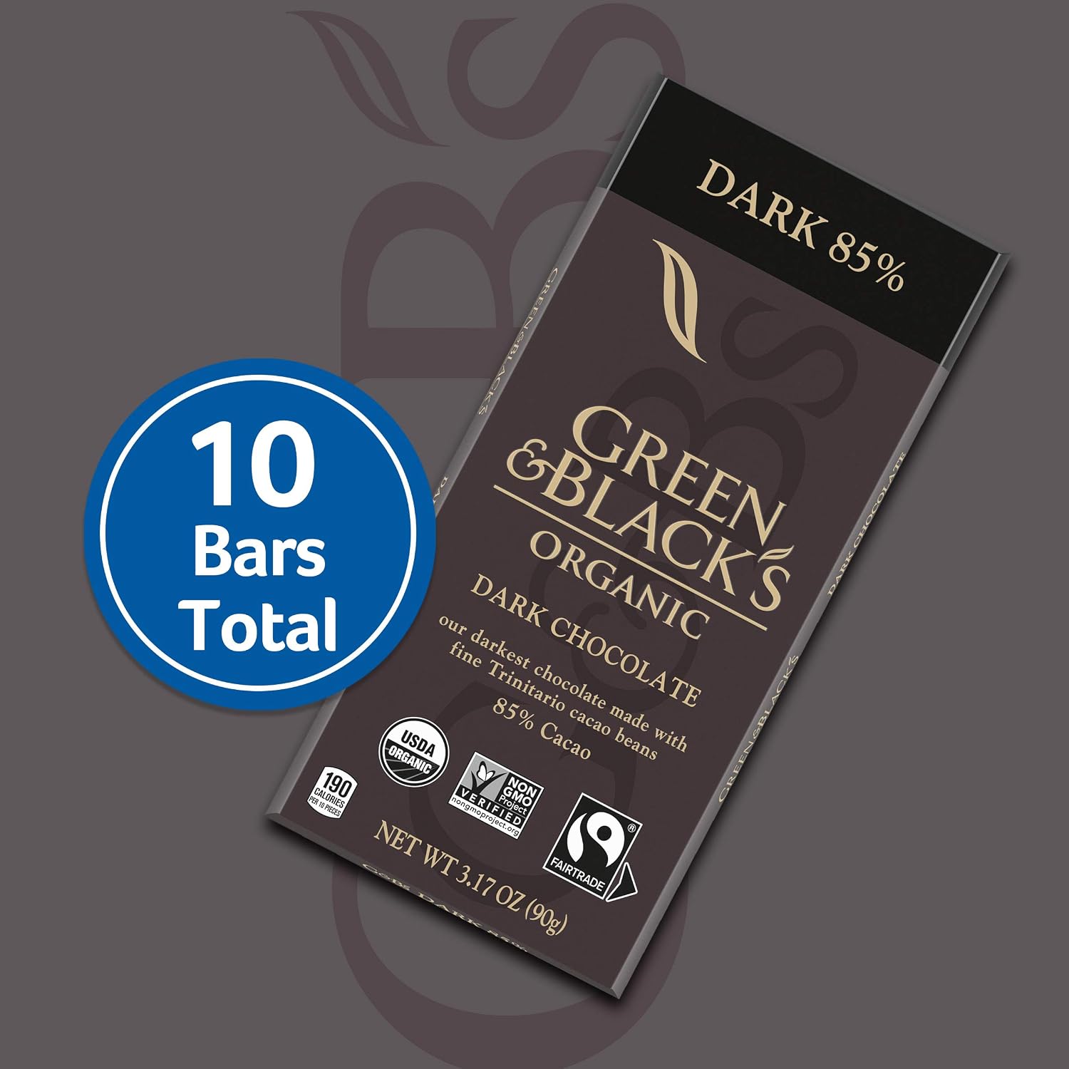 Green & Black's Organic Dark Chocolate Bar, 85% Cacao, 10 - 3.17 oz Bars
