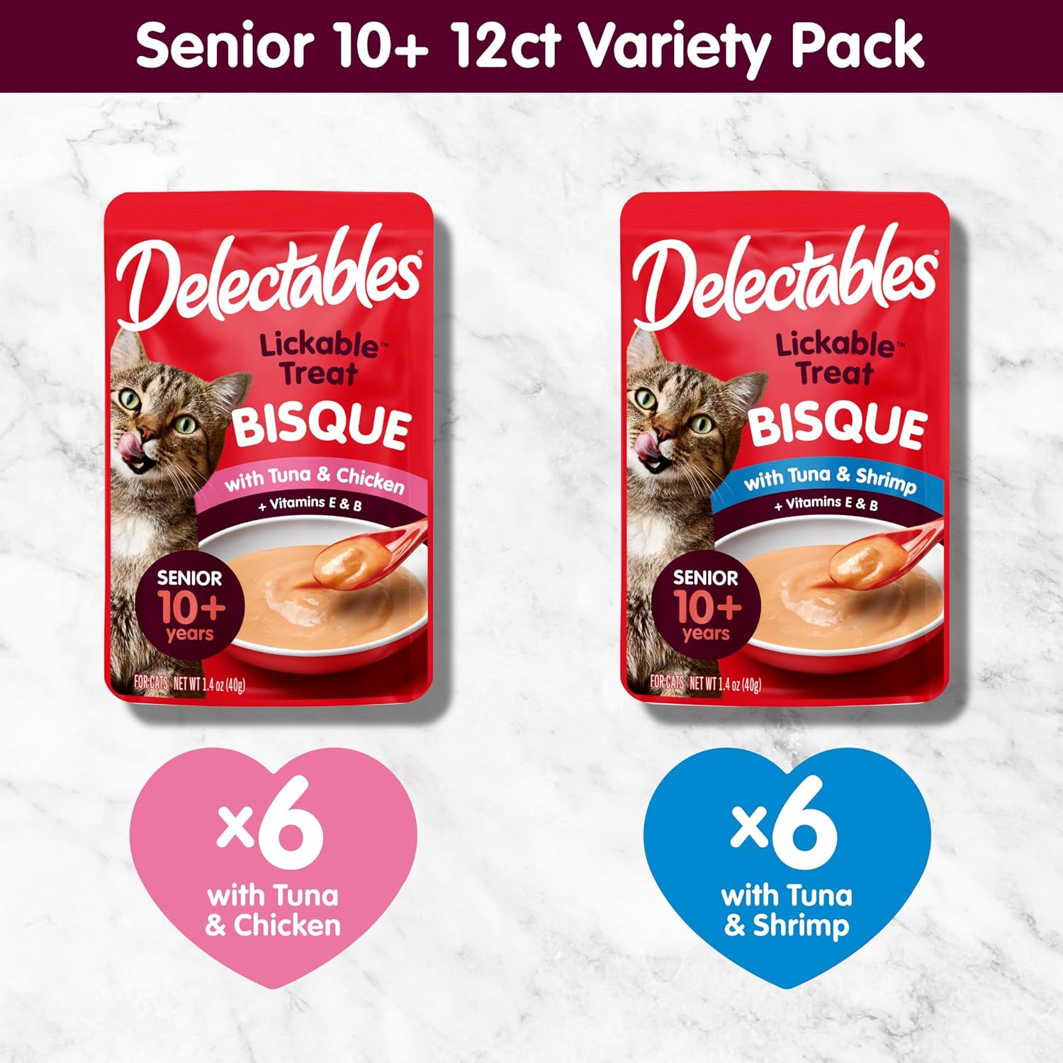 Delectables Lickable Treat Bisque Senior 10+ Wet Cat Treat with Real Tuna & Chicken, Food Topper, Hydrating, Grain-Free, No Fillers, By-Products, Added Preservatives, 1.4oz Pouch, 12ct