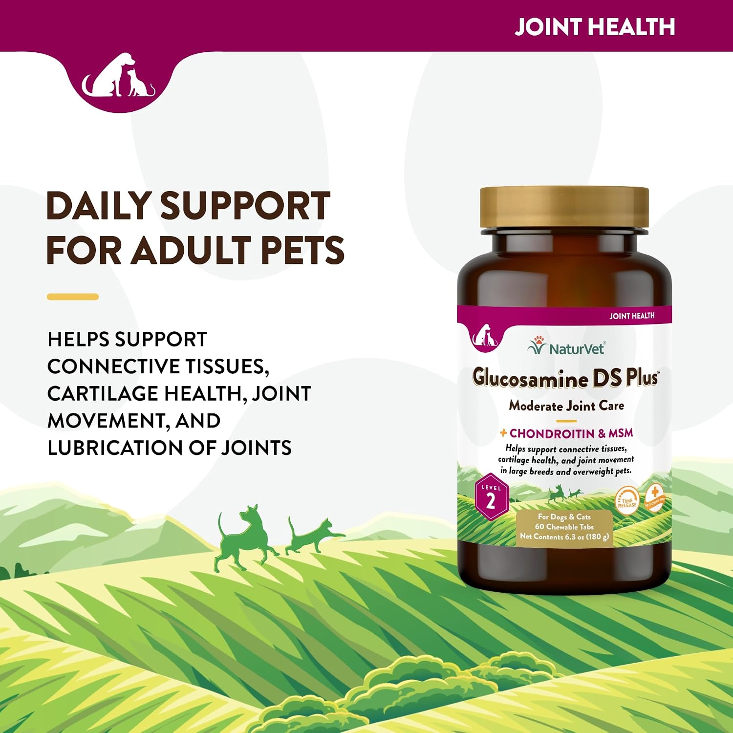 NaturVet – Glucosamine DS Plus - Level 2 Moderate Care – Supports Healthy Hip & Joint Function – Enhanced with Glucosamine, MSM & Chondroitin – for Dogs & Cats–70 Soft Chews