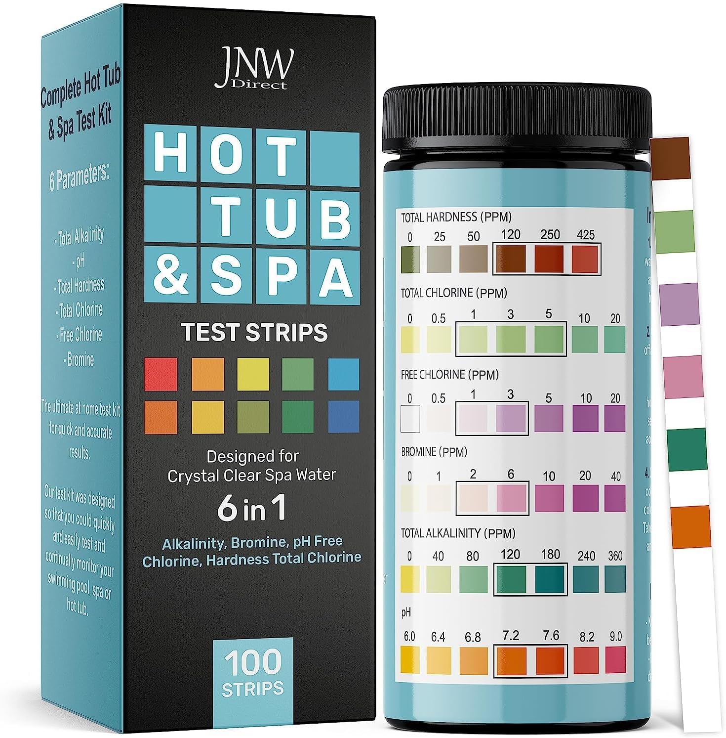 Pool Test Strips for Pools and Spas - 7 in 1 Water Test 100 Pack | Includes 100 pool test strips that measure chlorine, bromine, pH, alkalinity, hardness and cyanuric acid in 30 seconds.