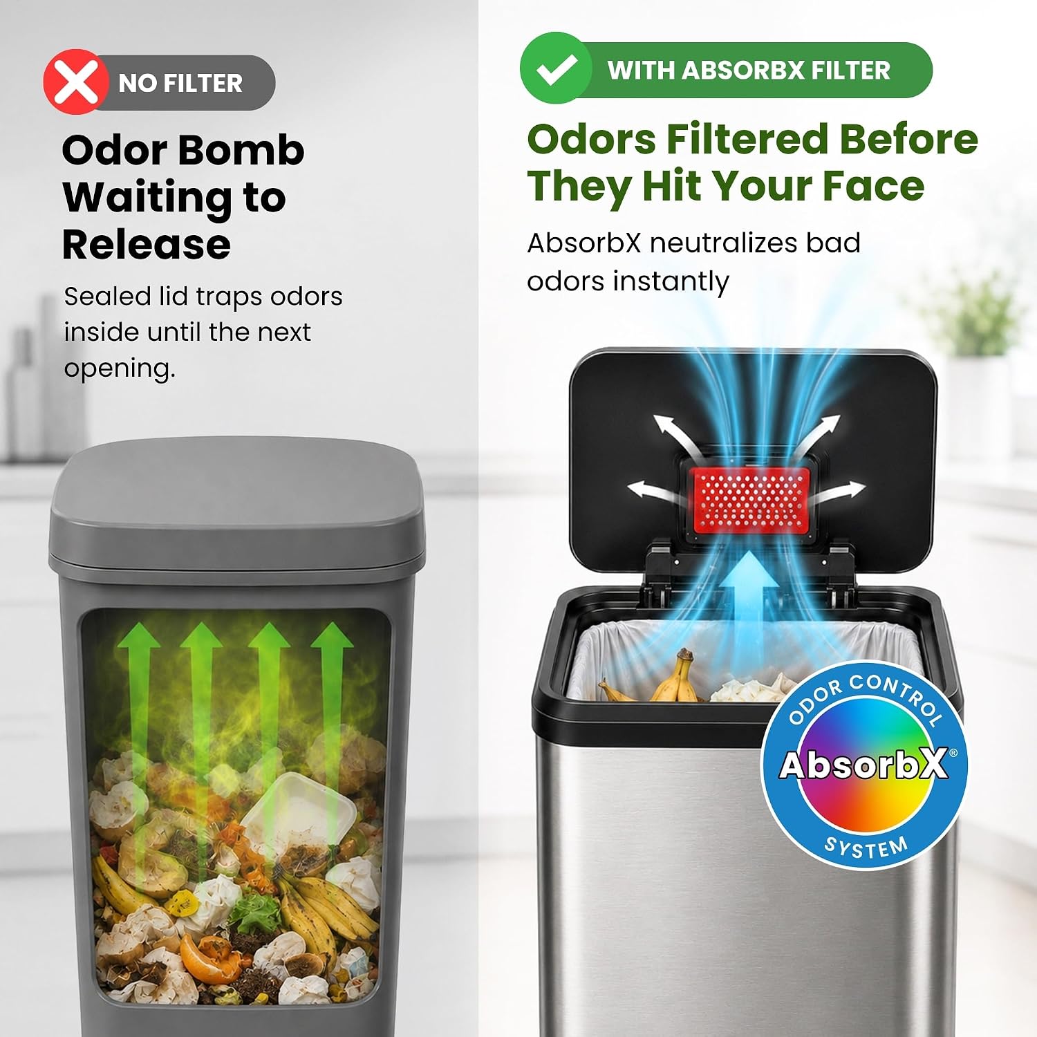 iTouchless Airstep 13 Gallon Step Pedal Kitchen Trash Can with Odor Filter, 50 Liter Commercial Grade Stainless Steel Recycle Bin for Home and Office, Silent Lid Open and Close
