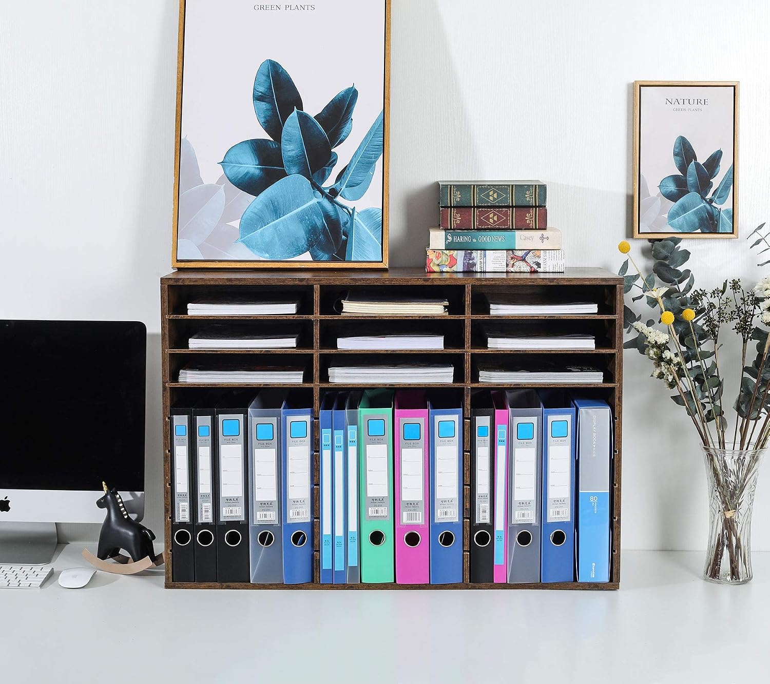 TQVAI Wood Literature Organizer, 27 Slots Hold 13500 Sheets A4 Papers, Wooden Desk File Paper Storage Organizer with Adjustable Shelves