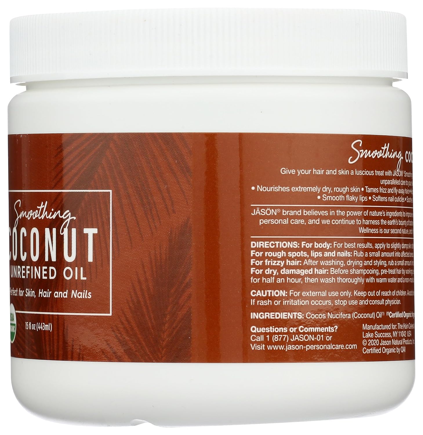 Jason Organic Unrefined Oil, Smoothing Coconut, 15 Oz