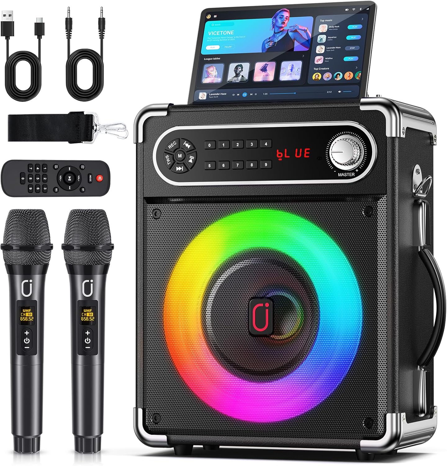 JYX Karaoke Machine, 2 Wireless Microphones, Portable Bluetooth 5.3 PA Speaker with Disco Lights, Smart TV Compatible, Upgraded Subwoofer