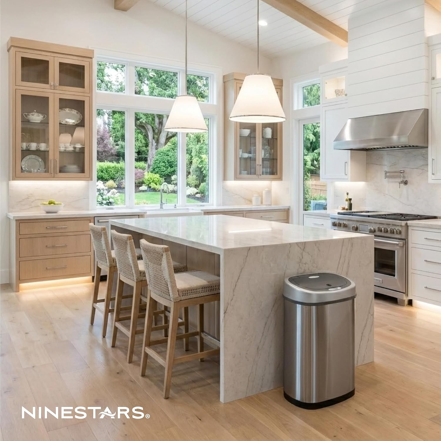 NINESTARS CB-DZT-50-98-1C Automatic Touchless Motion Sensor Oval & Rectangular Trash Can Combo Set, 13.2 Gal. 50 L. & 2.1 Gal.8 L., Stainless Steel