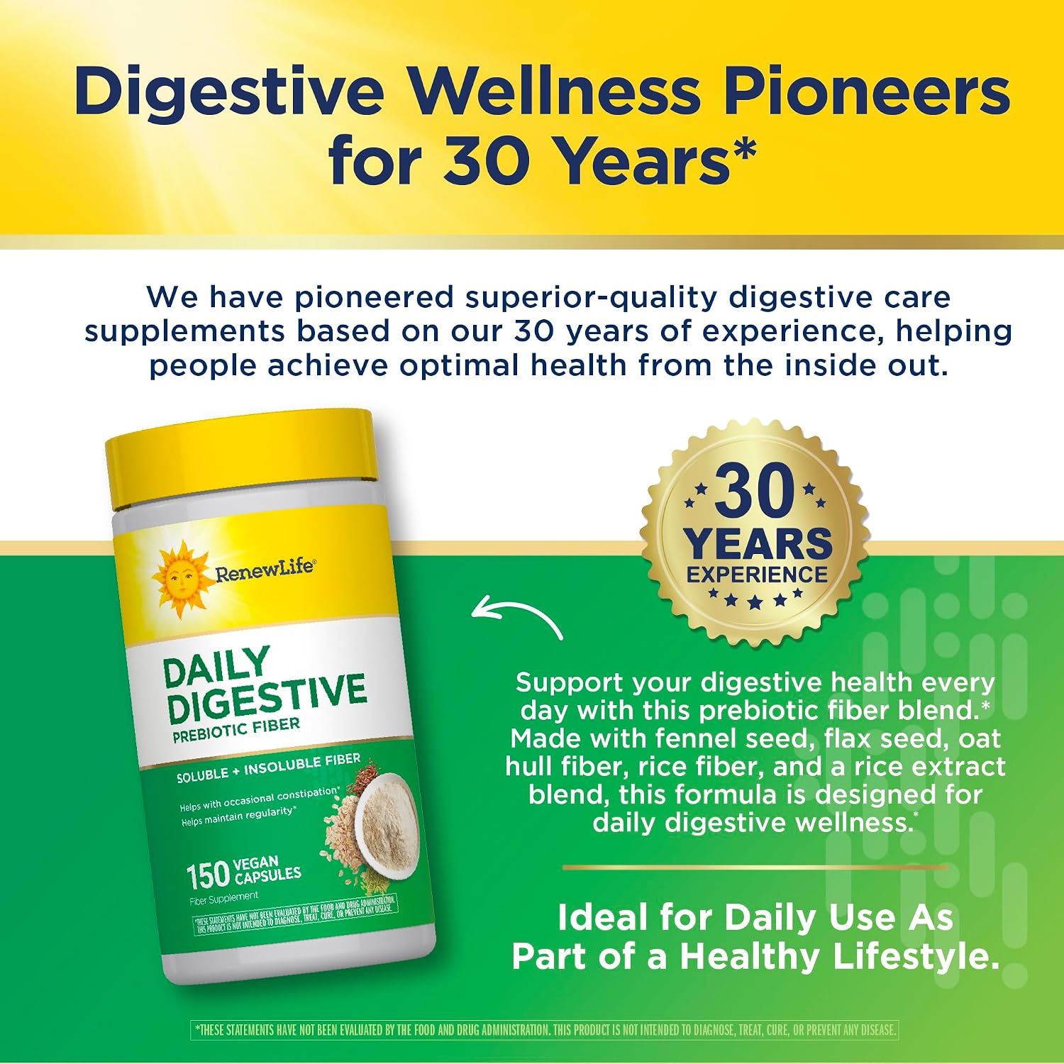 Renew Life Daily Digestive Prebiotic Fiber | 150 Vegan Capsules