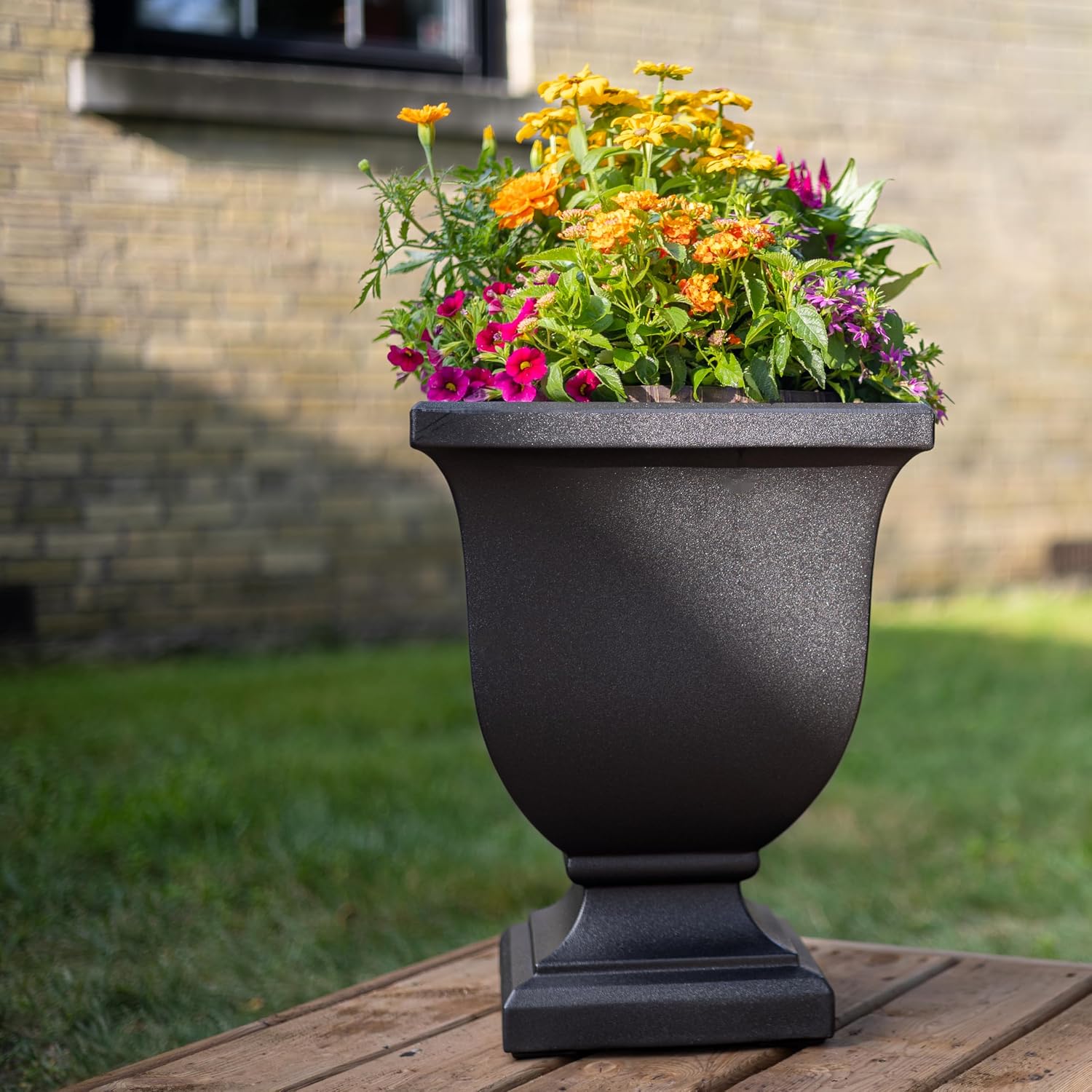 Mayne Augusta 26in Self-Watering Tall Square Urn Planter, Black