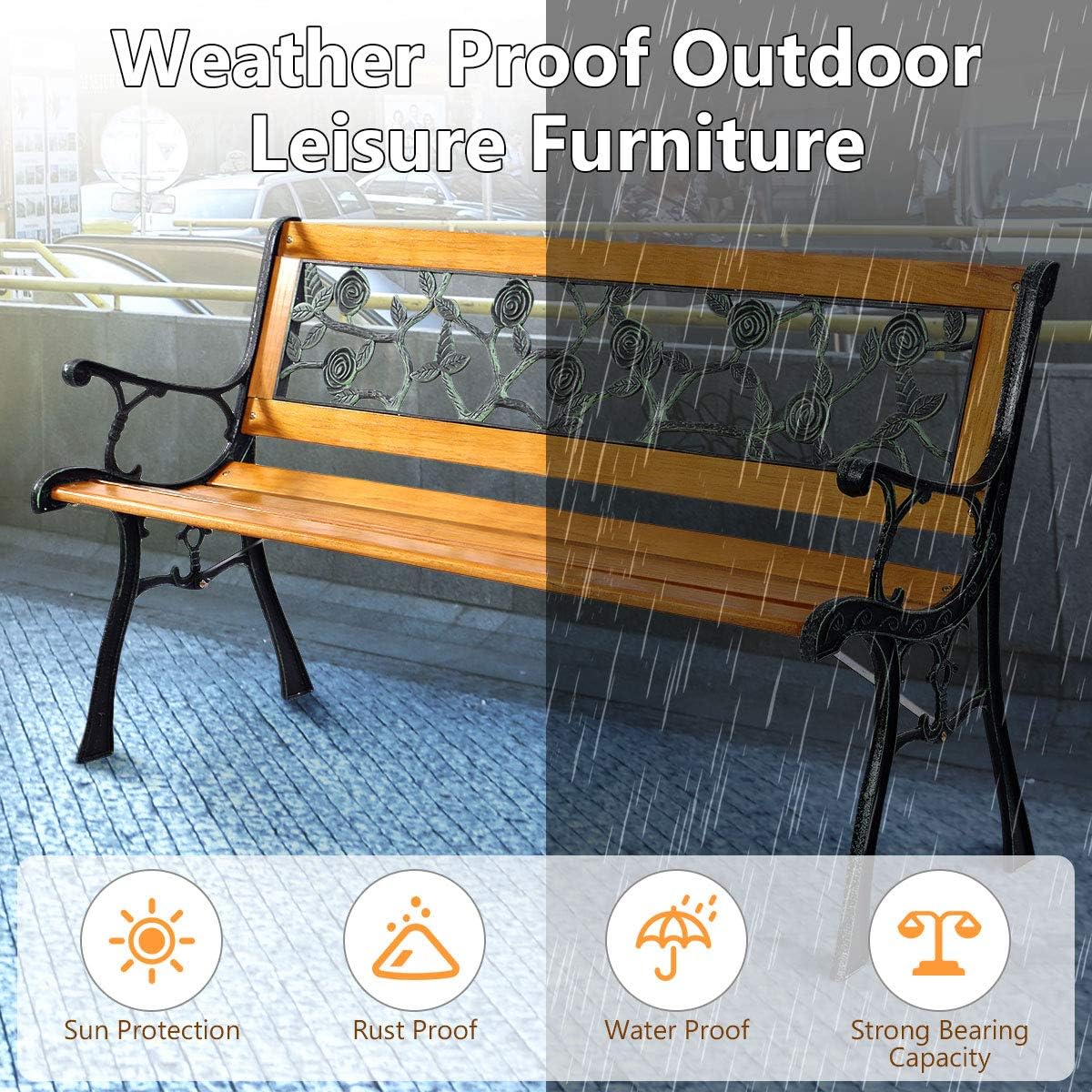 GIANTEX 50'' Patio Park Garden Bench, Outdoor Furniture Rose Cast Iron | Porch Loveseat for 2 Person with Hardwood Frame and Armrest