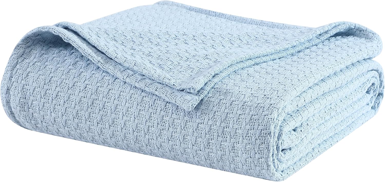 Grand Hotel Lightweight Full/Queen Blanket, 100% Cotton, Pearl Blue | All-natural yarn-dyed mercerized cotton is exceptionally durable, breathable and soft
