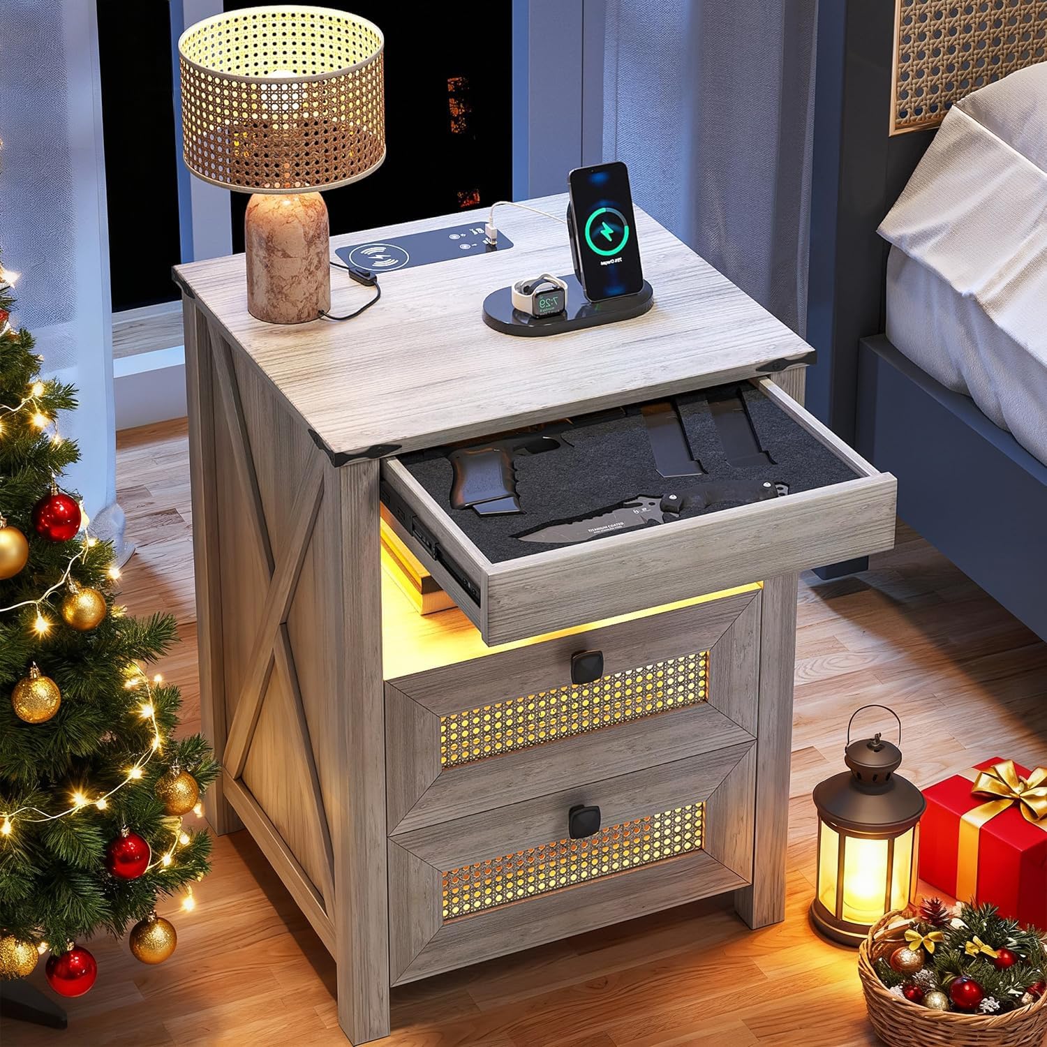 LED Night Stand with Gun Drawer & Charging Station | Human Sensor Lights, Hidden Storage, Farmhouse Rattan Style, 3 Drawers, Bedside Table for Bedroom, End Tables Livingroom