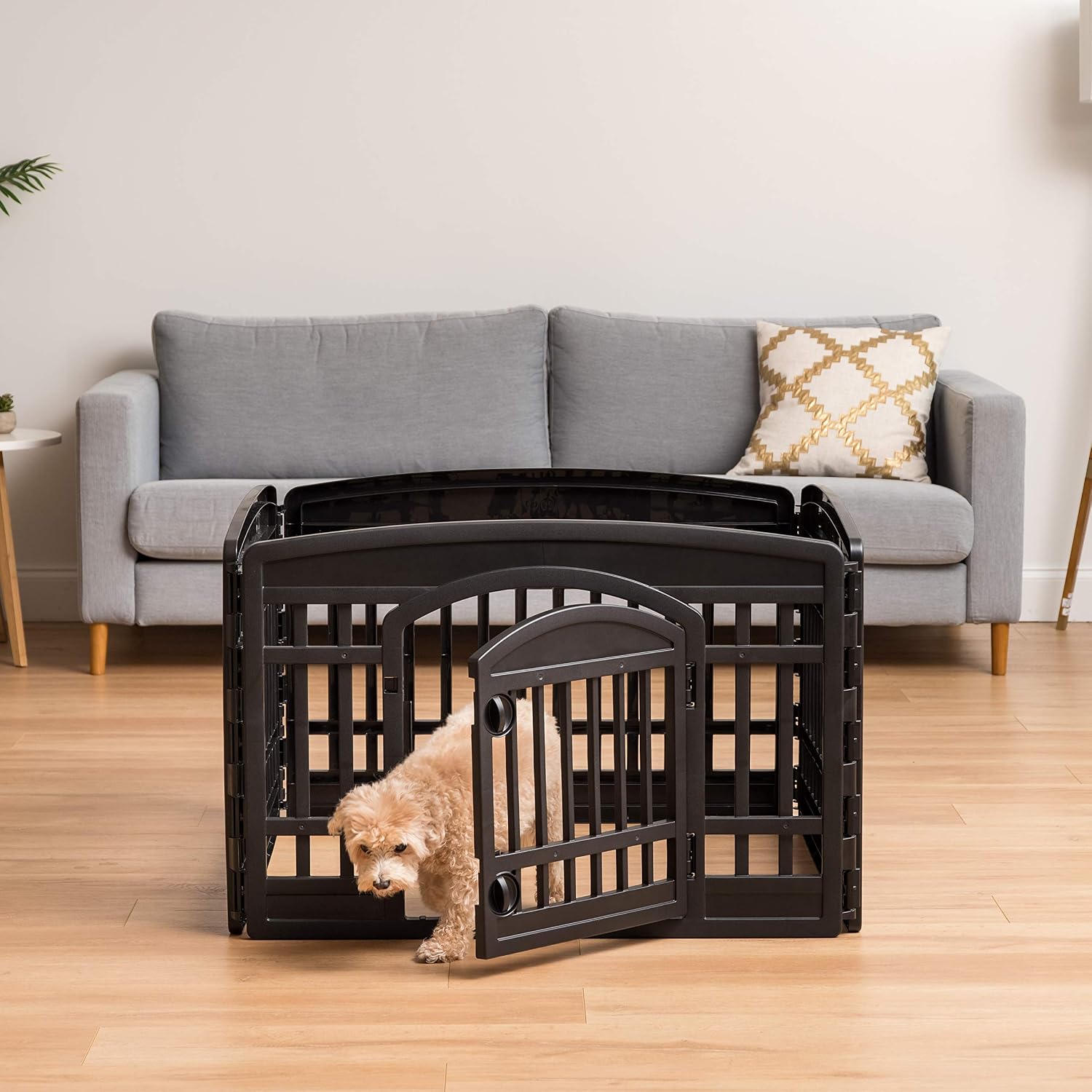 IRIS USA 4-Panel Dog Playpen, Pet Enclosure, Black | Pet Containment, Configurable Layout, Multi-Shape Setup, Custom Pen Configuration, Stable Non-Tip Base, Tool-Free Assembly