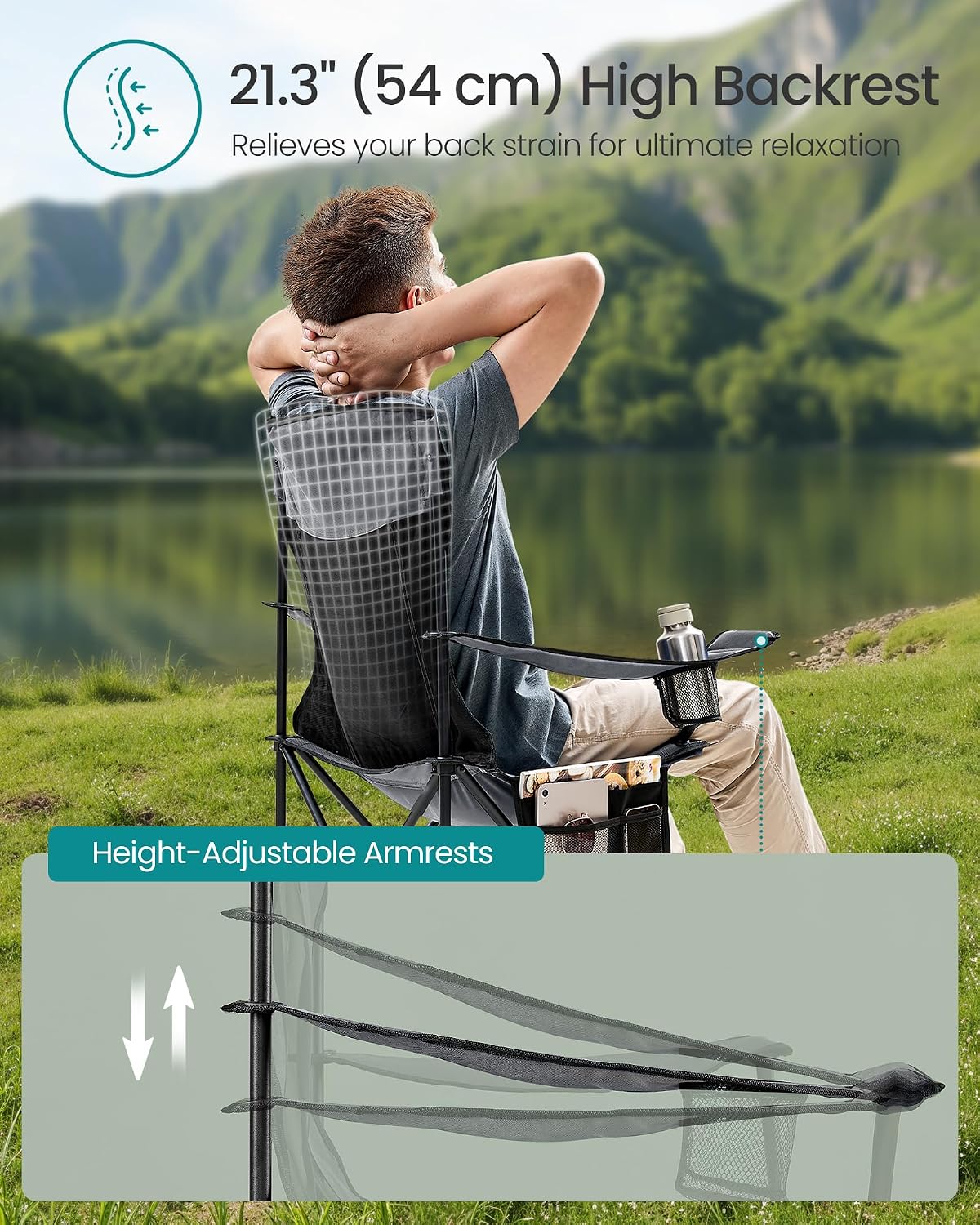 SONGMICS Camping Chair, Folding Oversized Chair, Comfortable and Heavy-Duty, 352 lb Weight Capacity, Adjustable Armrests with Cooler Bag, Storage Bag, Breathable Mesh, Bijou Blue UGCB060Q01