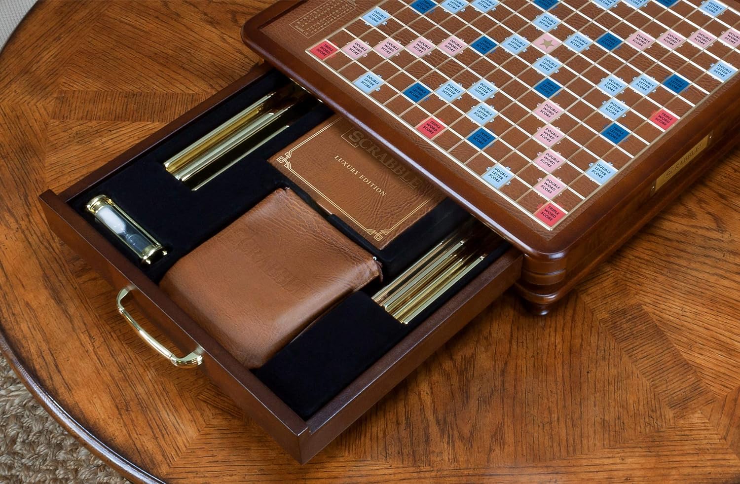 WS Game Company Scrabble Luxury Edition Rotating Wooden Board Game Set | Classic Word Game, Luxurious Wood Cabinet, Rotating Game Board