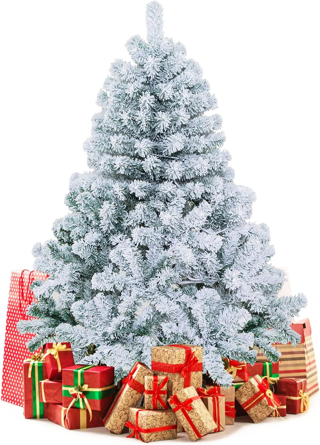 Goplus 7.5ft Pre-Lit Artificial Christmas Tree, Premium PVC Snow Flocked Hinged Pine Tree with Metal Stand and LED Lights