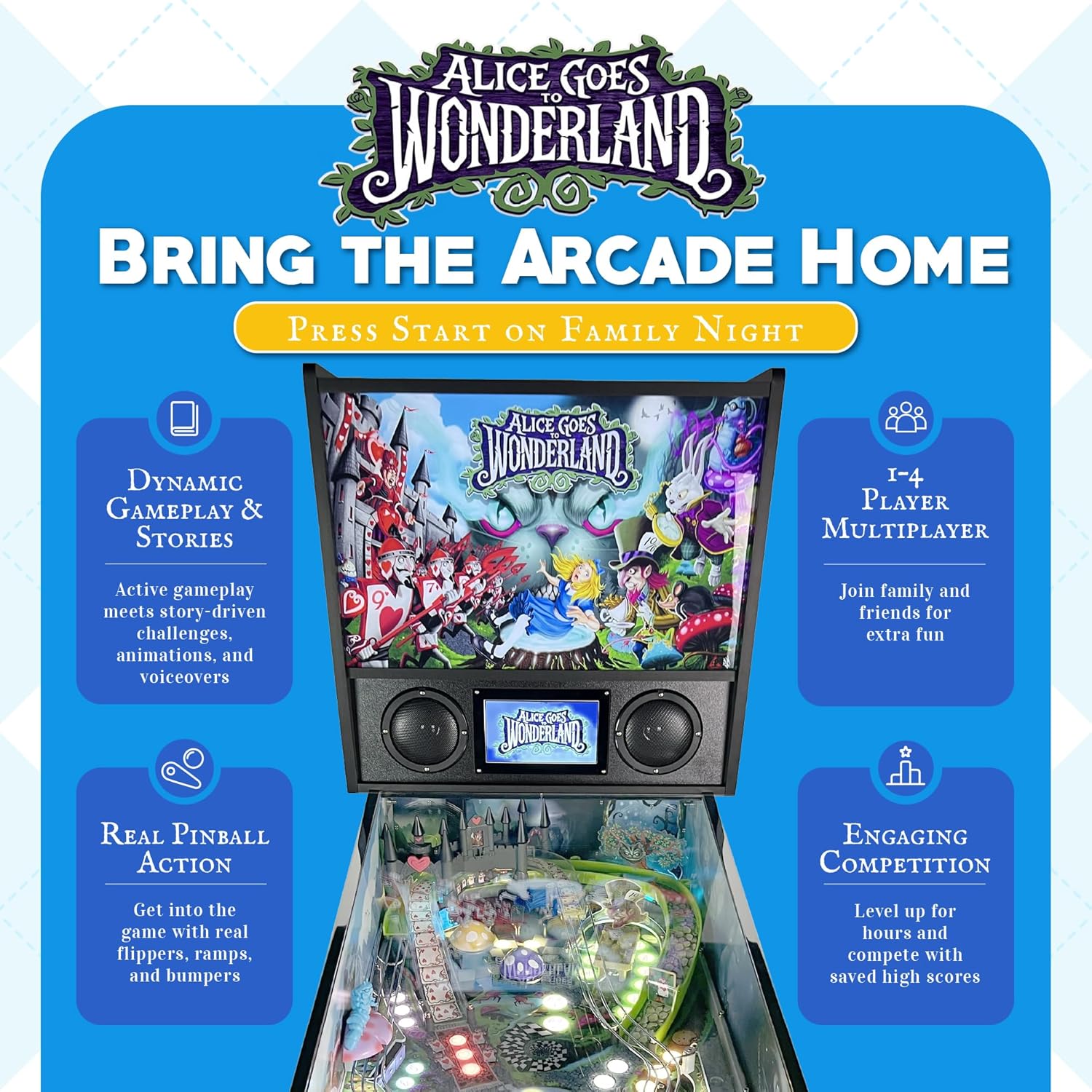 Alice Goes to Wonderland Pinball with LED Lighting | Home Pinball Machine with Real Flippers, Bumpers, Ramps & Multiball, Wi-Fi High Scores
