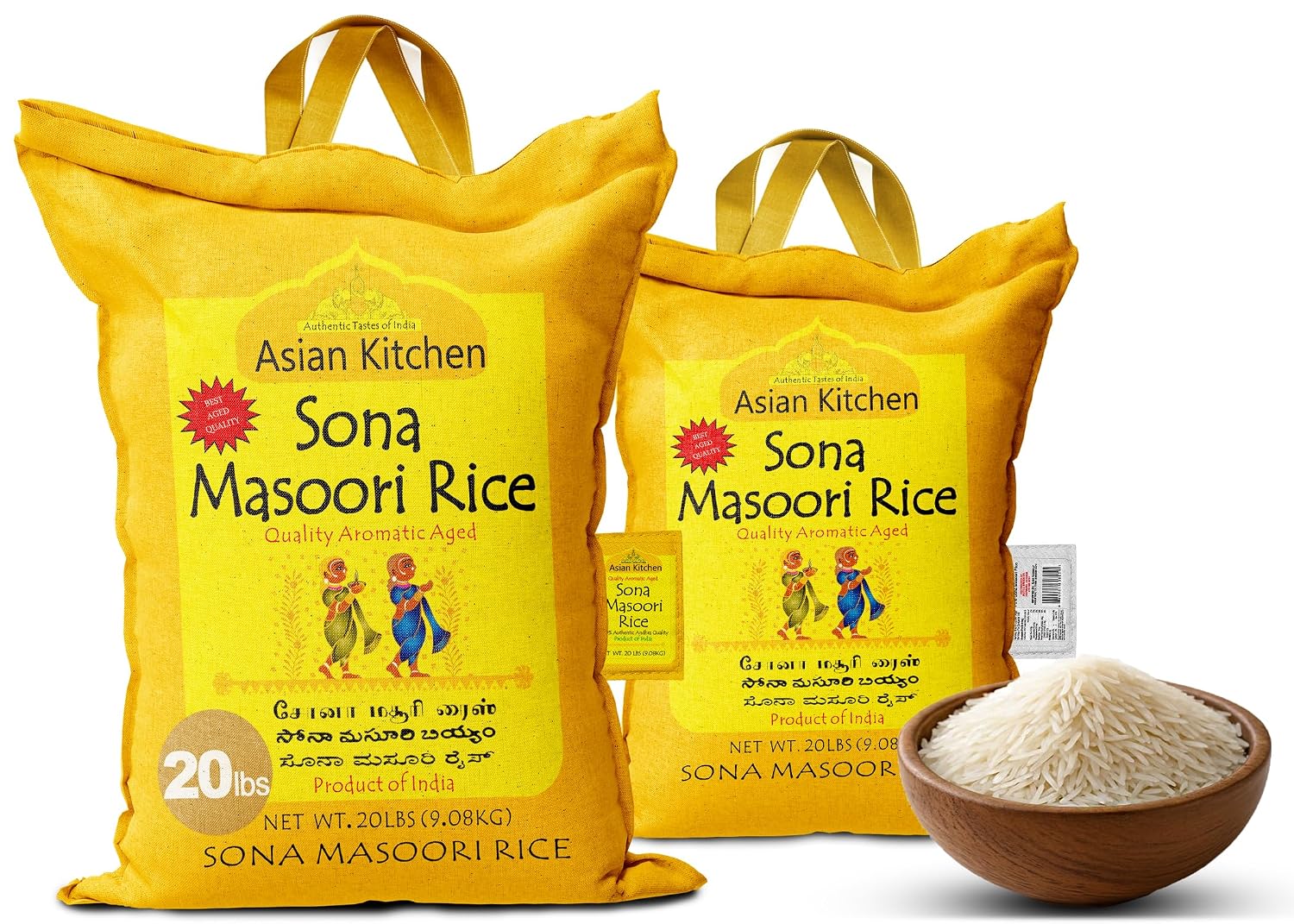 Asian Kitchen White Sona Masoori Aged Rice 20-Pound Bag, 20lbs (9.08kg) Short Grain Rice ~ All Natural | Gluten Friendly | Vegan | Kosher | Indian Origin | Export Quality