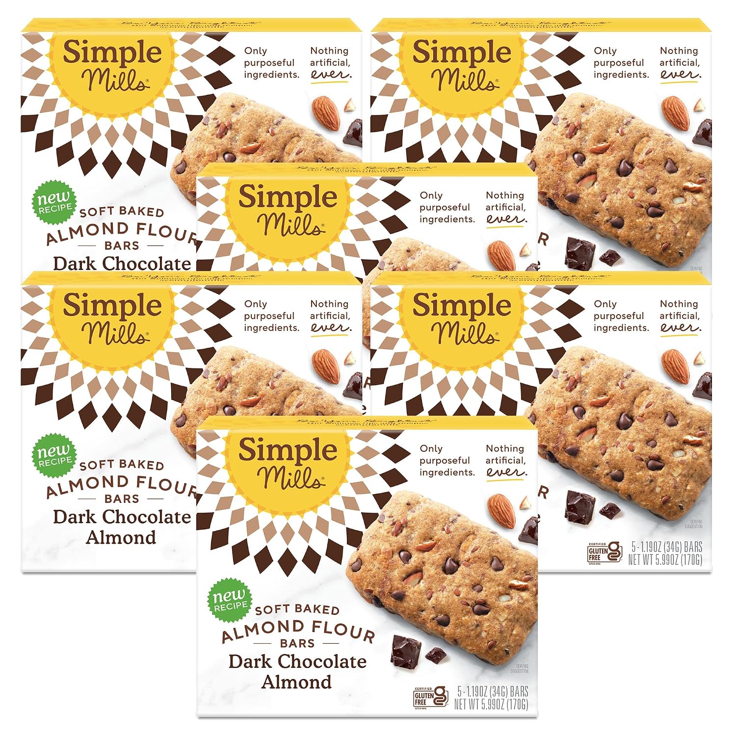 Simple Mills Soft Baked Dark Chocolate Almond Flour Bars, 5 ct, 1.19 oz each