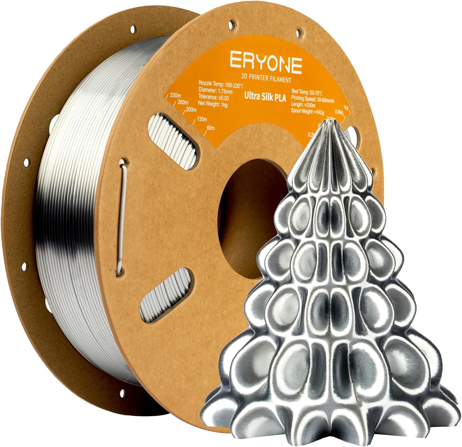 ERYONE Silk Filament PLA+ 1.75mm Upgraded Shiny 3D Printer Filament, Gloss Finish, Fit Most FDM Printer Stable Printing,1kg (2.2LBS)/Spool, Silver