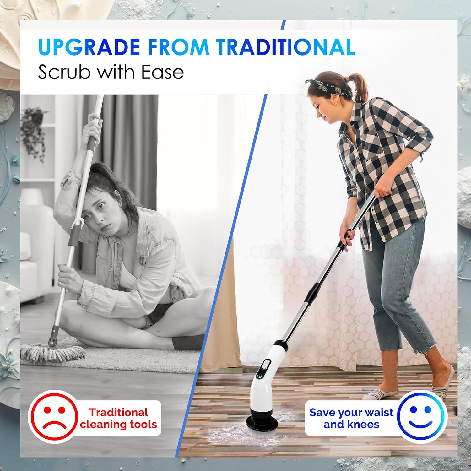 Electric Spin Scrubber for Cleaning, Cordless Power Scrubber with Long Handle, 10 Replaceable Brush Heads, 2-Speed, IPX7 Waterproof for Bathroom