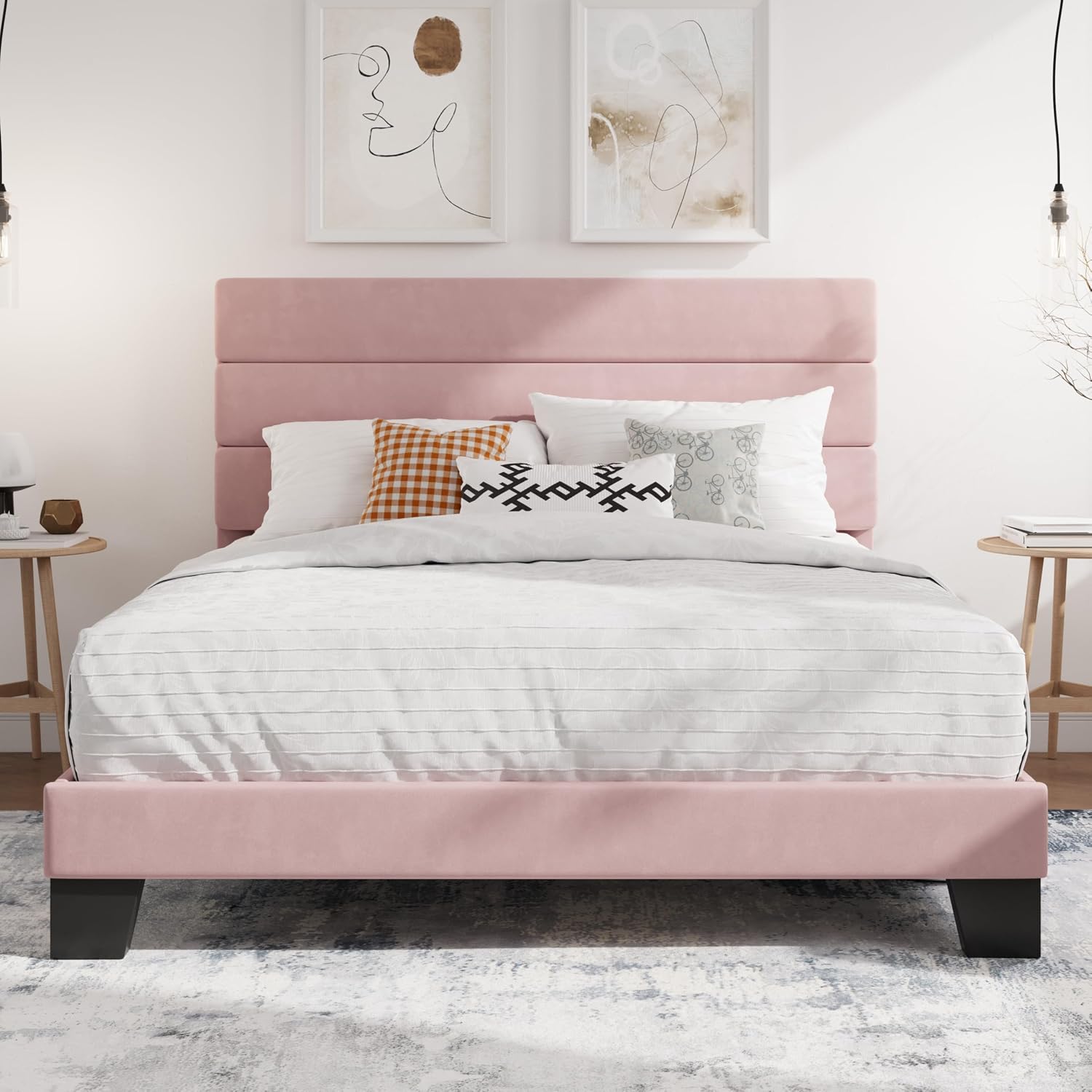 SHA CERLIN Full Platform Bed Frame with Upholstered Fabric Headboard, Grey