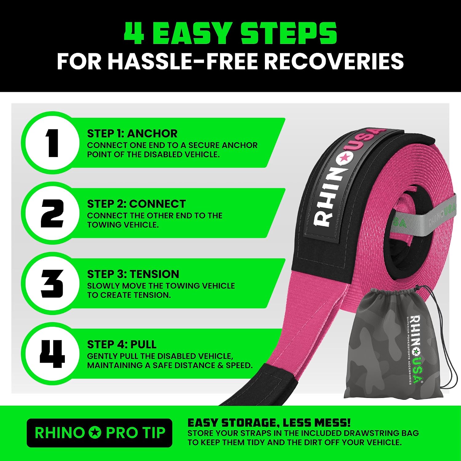 Rhino USA Recovery Tow Strap (3in x 30ft) - 31,518lb Heavy Duty Towing | 31,518lb Break Strength Emergency Tow Strap, Extended 30ft Length. For Truck, UTV, ATV & Jeep Offroad Recovery. Black