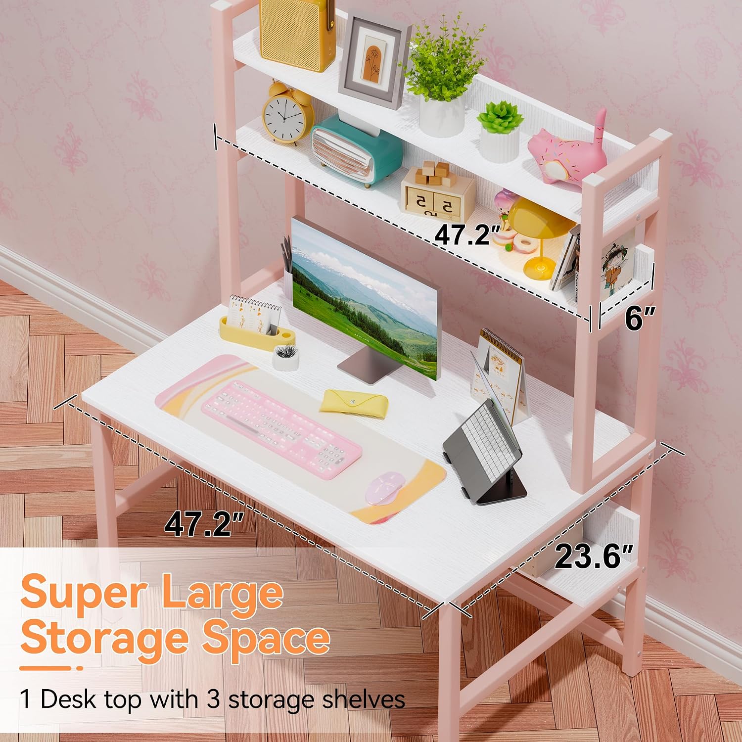 Aquzee Computer Desk with Shelves, 47" W x 23.6" D Gaming Desk with Hutch and Bookshelf