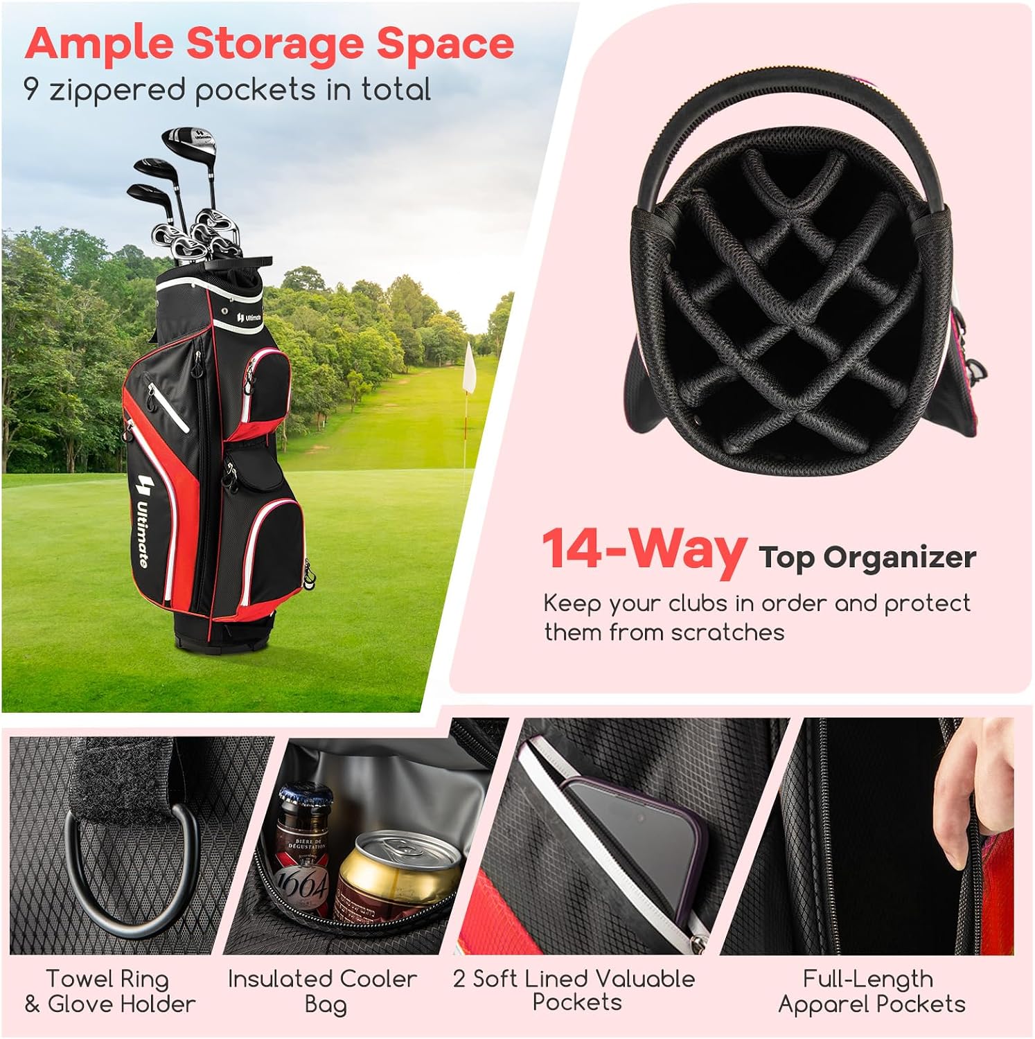 ULTIMATE Golf Cart Bag with 14-Way Top Dividers, Golf Club Bag w/ 9 Pockets incl. Cooler Bag, Rain Hood/Dust Cover, Detachable Shoulder Strap & Carry Handles, Lightweight for Men & Women