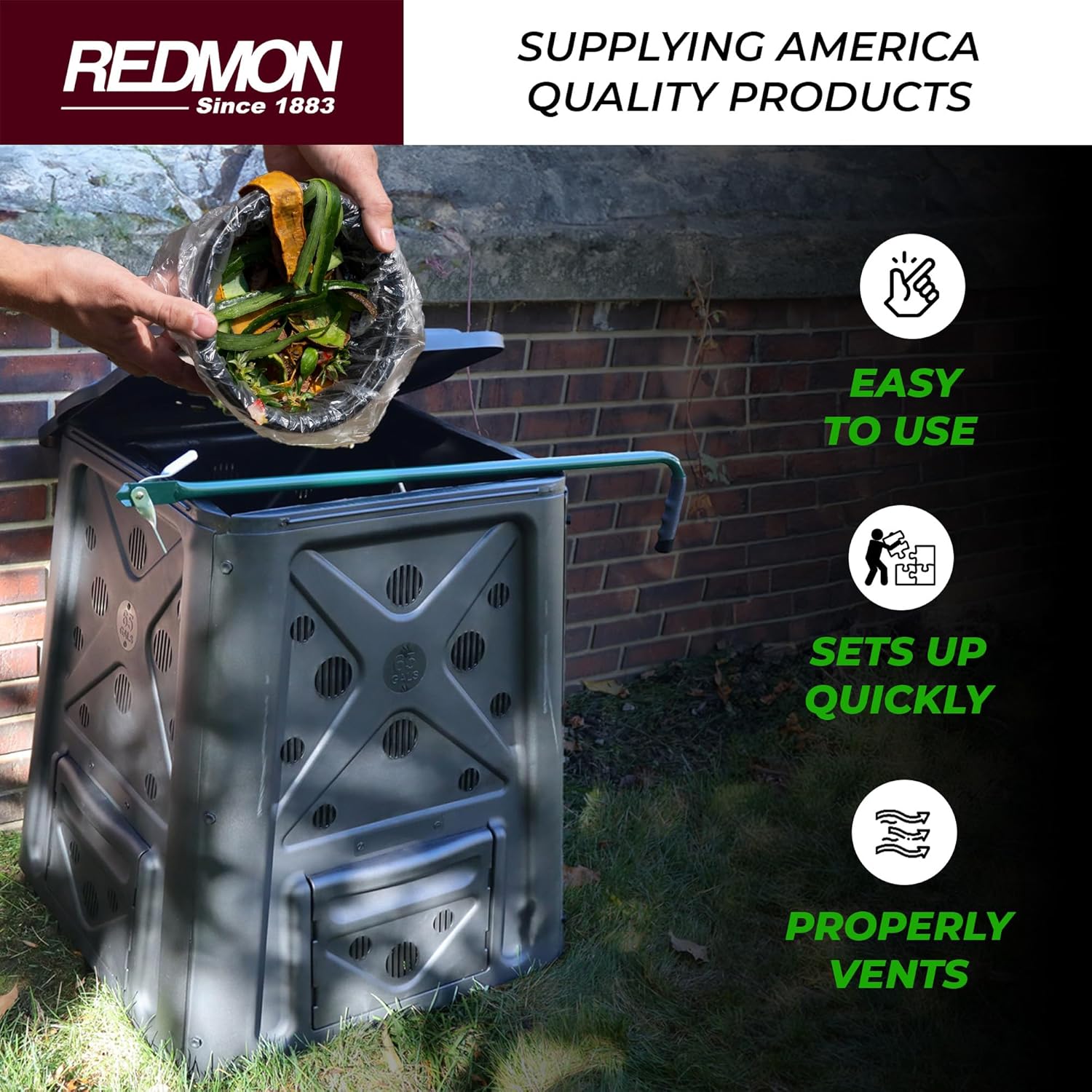 Redmon Outdoor Compost Bin with Lift Off Lid, 4-Door Access & Vent Holes, 65 Gallon