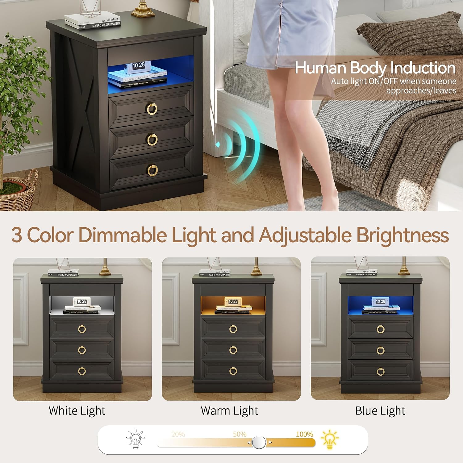 Lvifur LED Nightstand with Lockable Gun Drawer and Human Sensor, Black | USB & Type-C Charging Station, 3 Dimmable Lights, Adjustable Brightness, 3 Drawers, Farmhouse Style, Human Body Induction