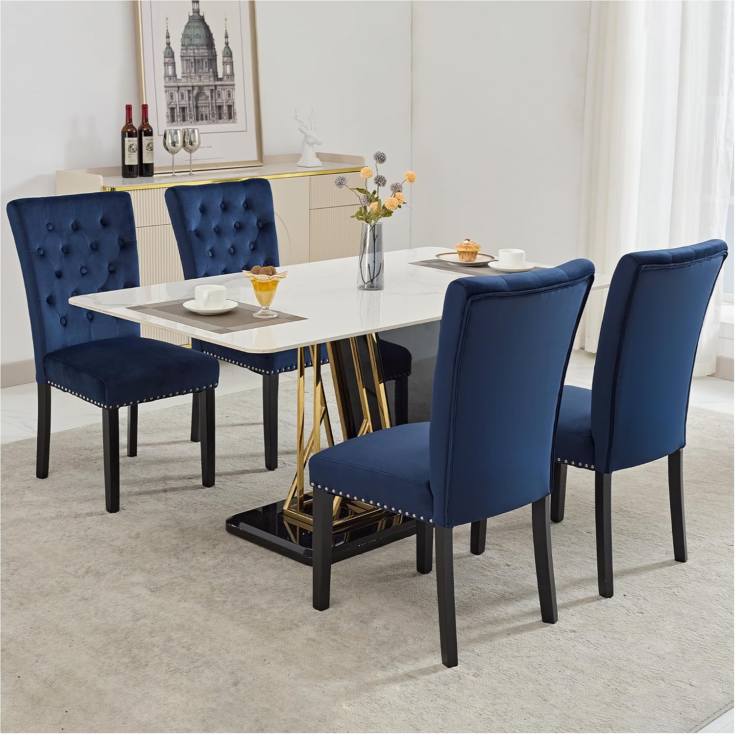 adochr Velvet Dining Chairs Set of 2, Parsons Kitchen Chair, Blue