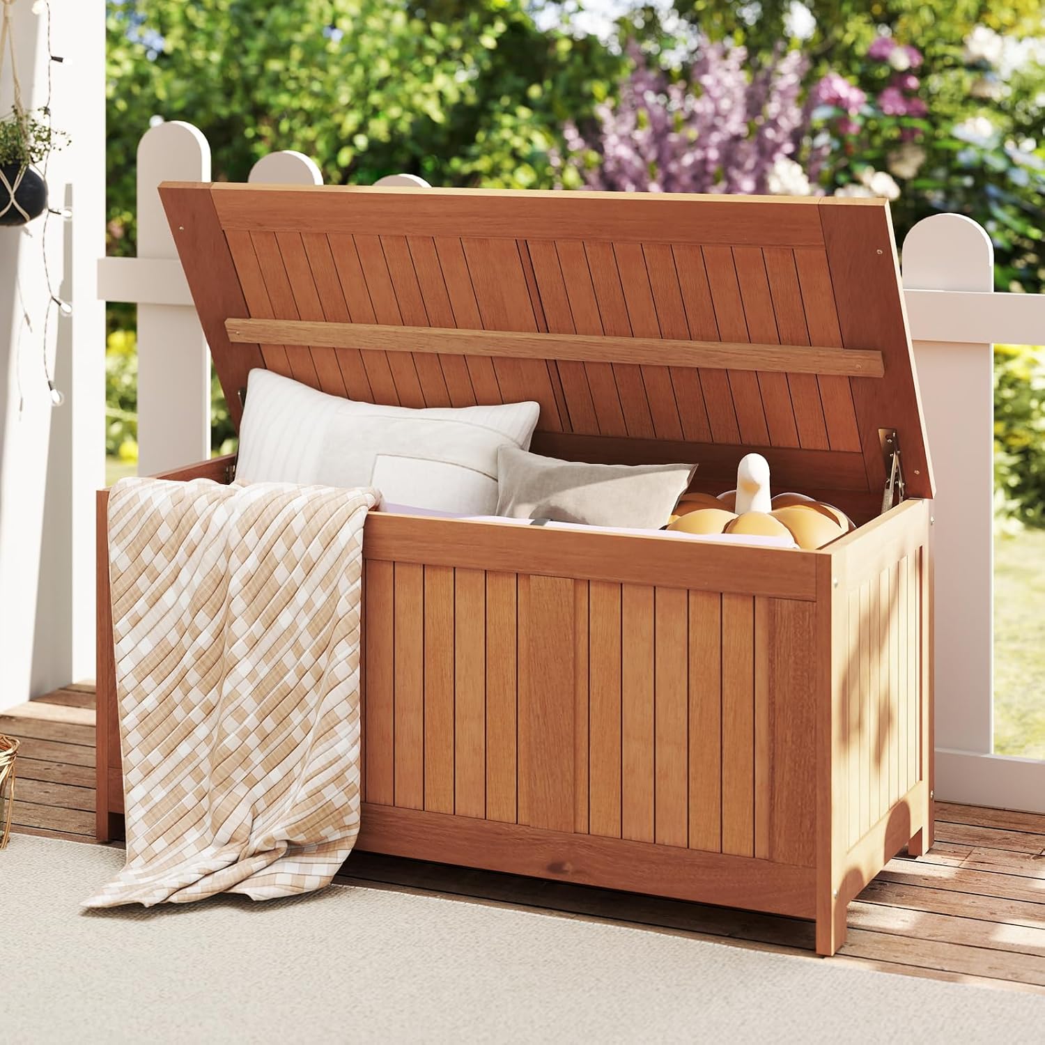 Tangkula 46 Gallon Acacia Wood Deck Box, Garden Backyard Storage Bench, Outdoor Storage Container for Patio Furniture Cushions and Gardening Tools