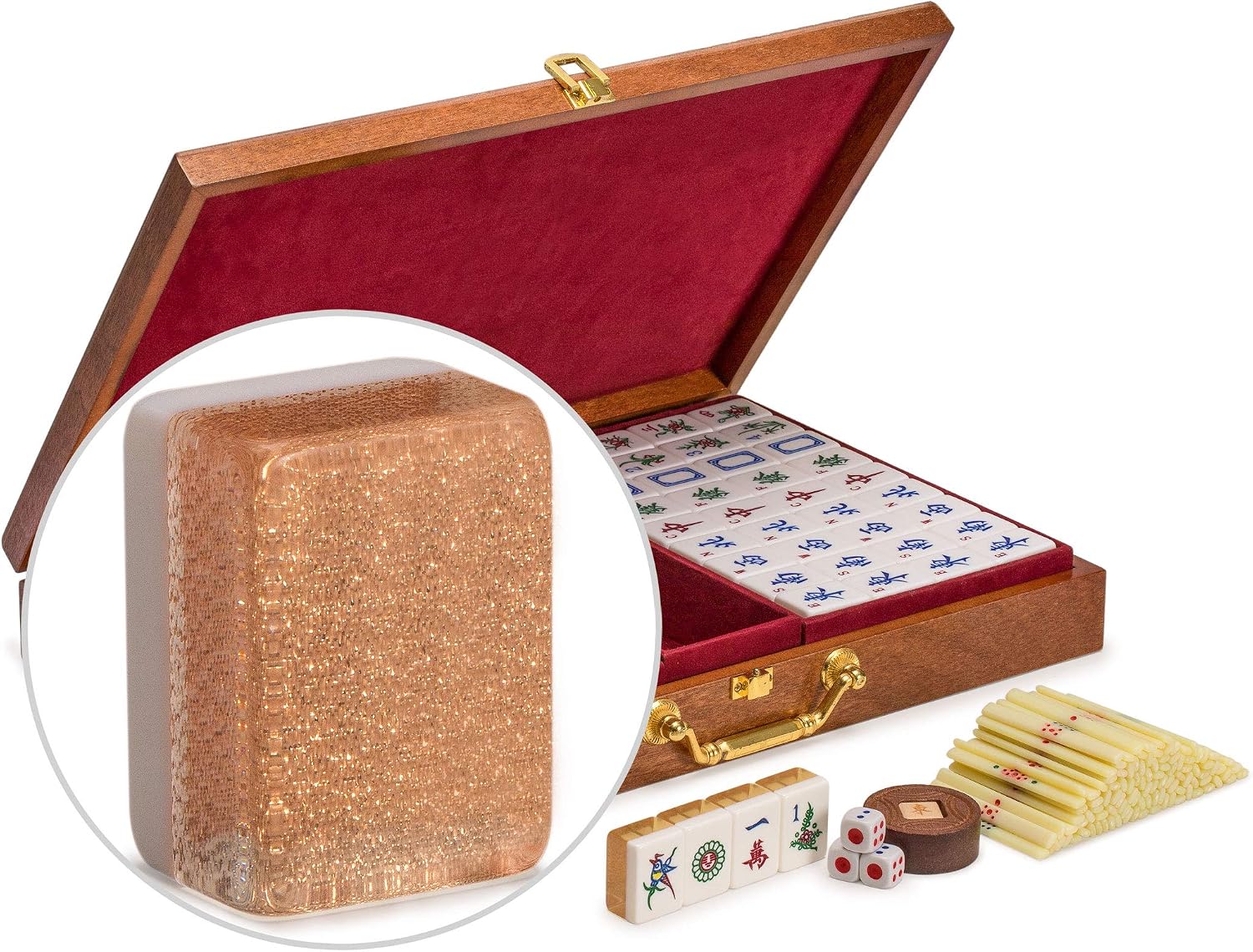 Yellow Mountain Imports Classic Chinese Mahjong Game Set, Emerald with 148 Medium-Size Translucent Green Tiles and Wooden Case