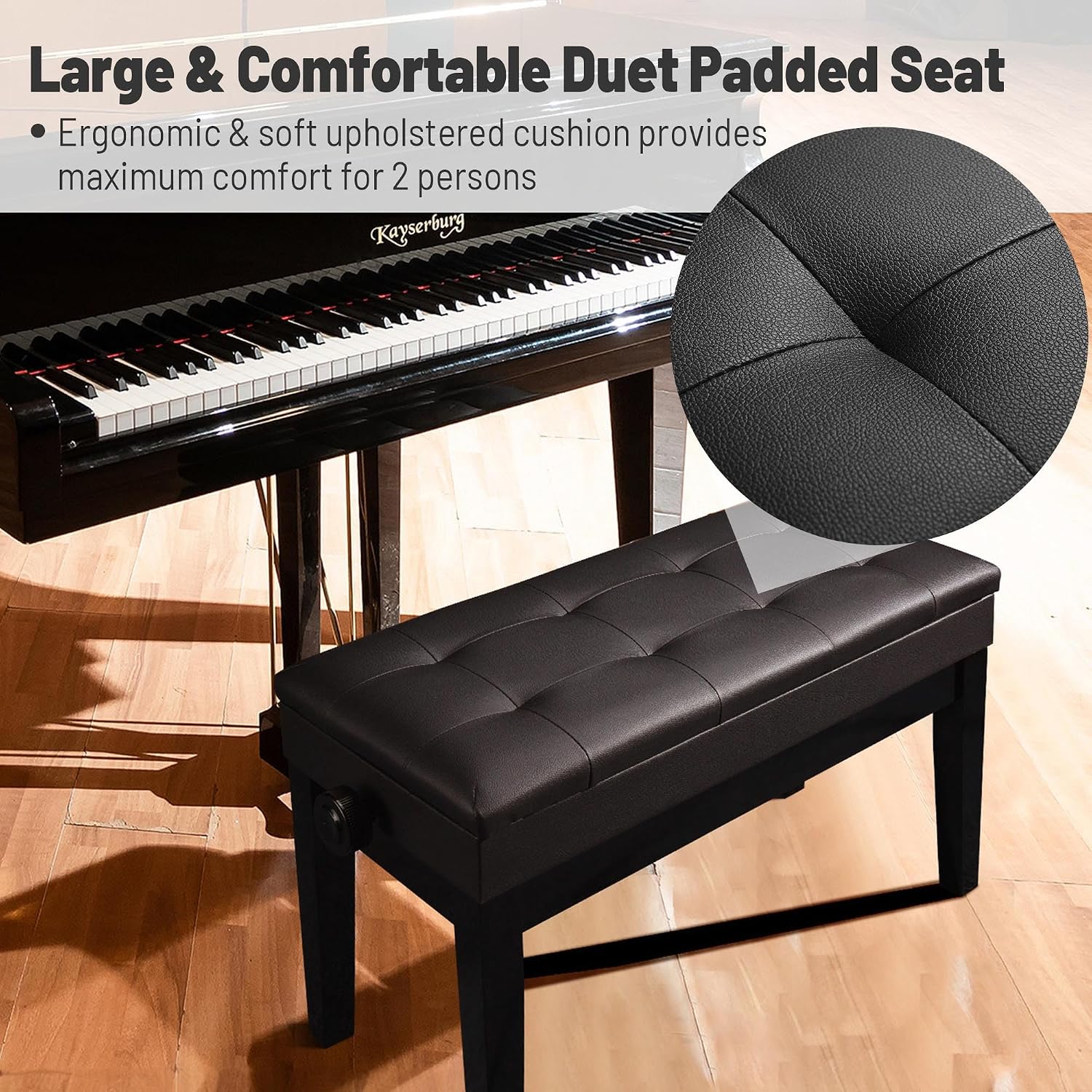 AW Adjustable Piano Bench with Storage Brown Wooden Keyboard Stool Seat | Leather Cushion Paino Chair for Piano Shop Music School Studio Capacity 400lbs