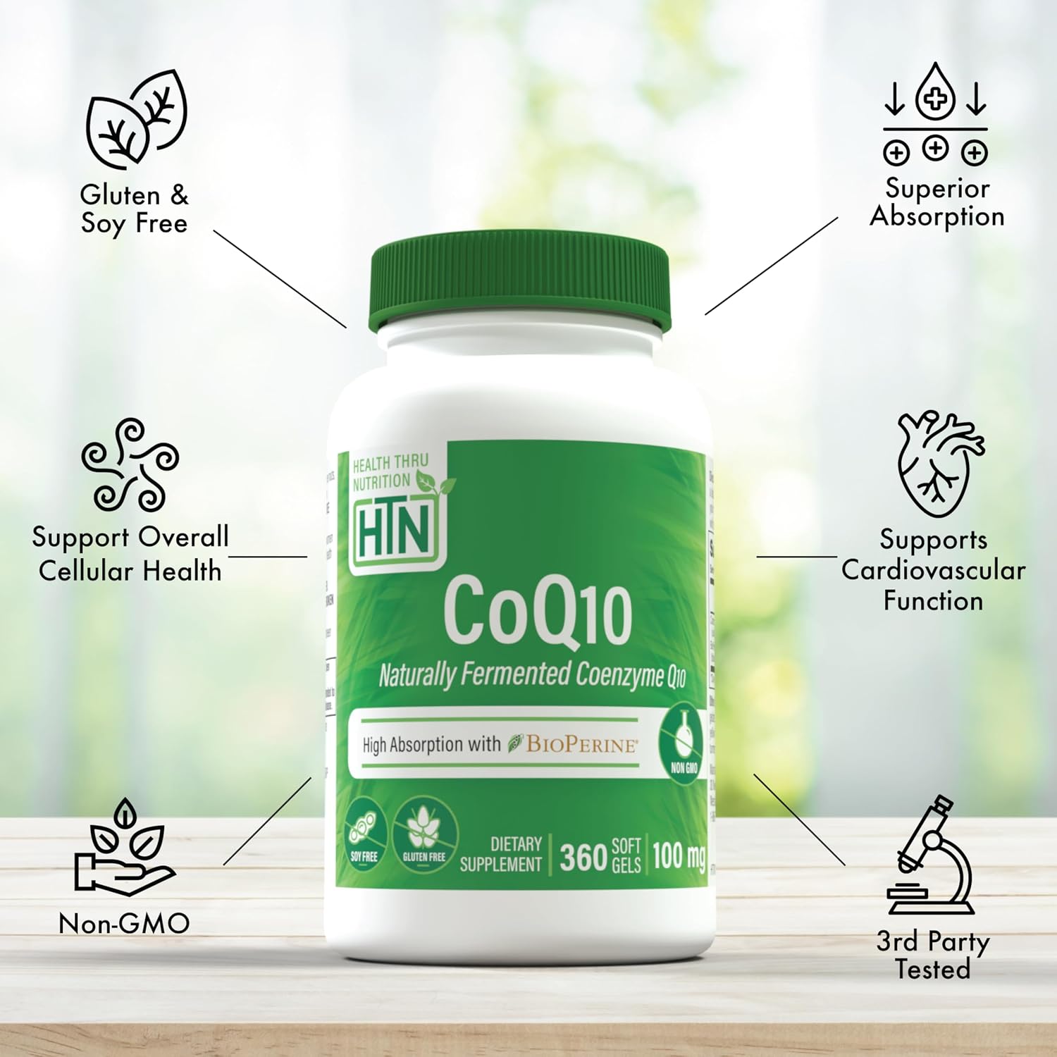 Health Thru Nutrition CoQ-10 100mg with BioPerine 120 Softgels | High Absorption Naturally Fermented USP Grade Coenzyme Q10 Supplement | 3rd Party Tested | Heart Health and Energy Support | High Absorption Naturally Fermented USP Grade Coenzyme Q10 Suppl…