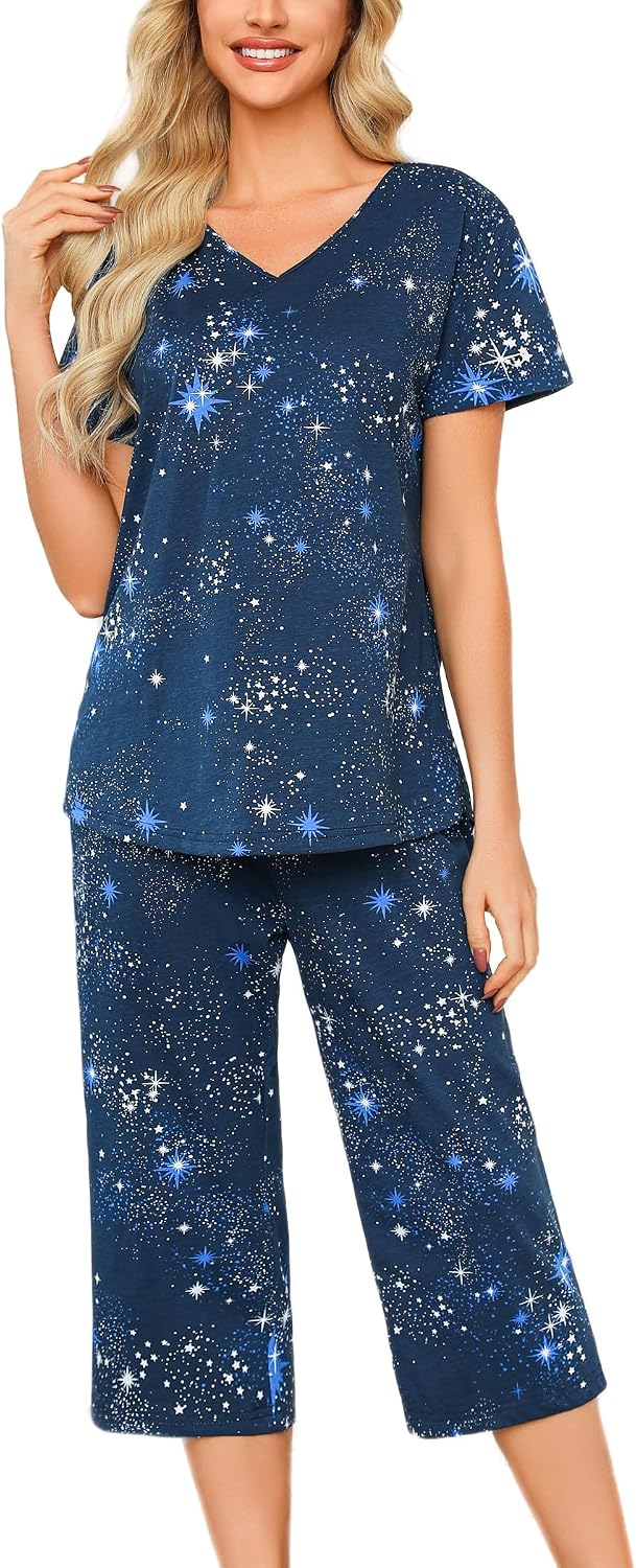 ENJOYNIGHT Womens Pajama Set Cotton Summer Pj Top with Capri Pant Sleepwear