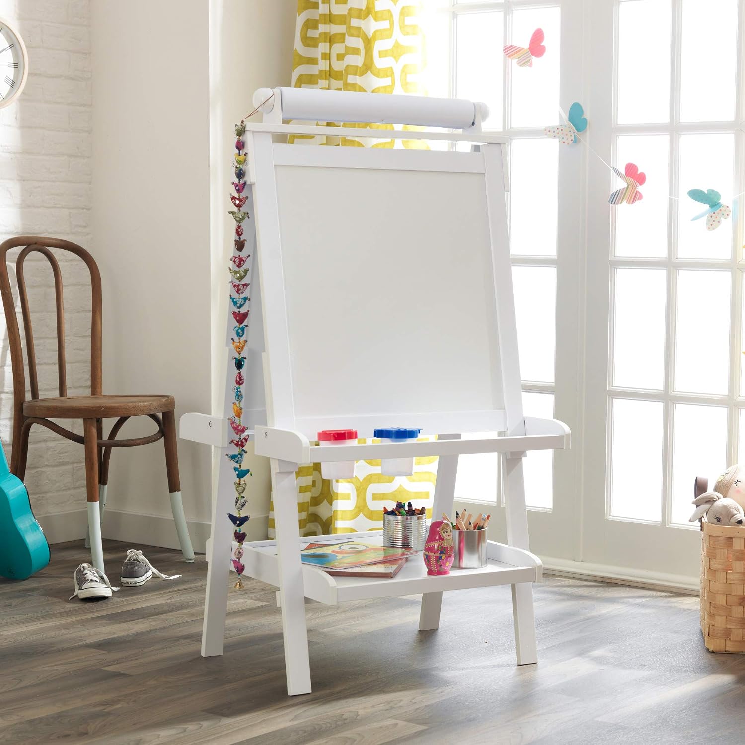 KidKraft Deluxe Wooden Easel with Chalkboard and Dry Erase Surfaces, Paper Roll and Paint Cups - White, Gift for Ages 3+