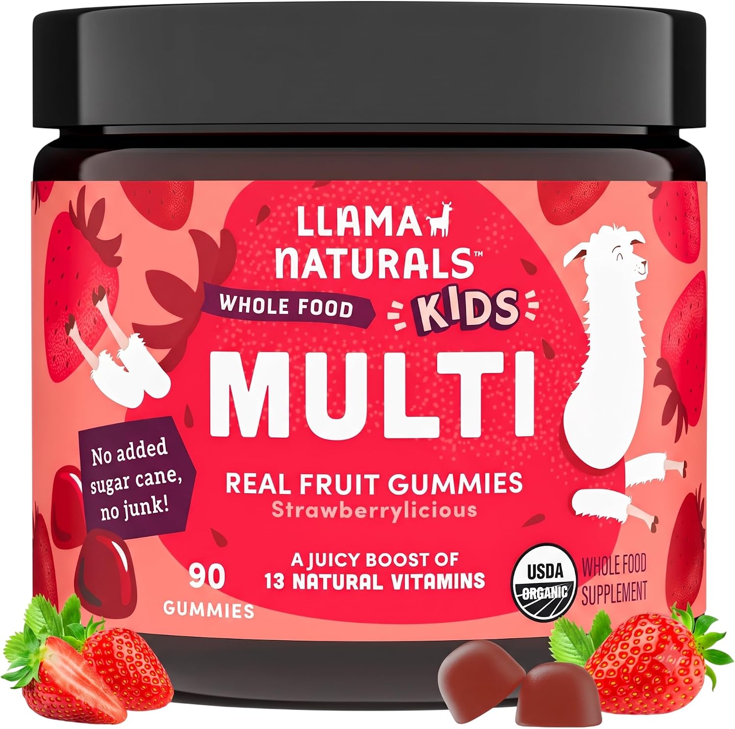 Llama Naturals Kids Multivitamin Gummies | Real Fruit, No Added Sugar Cane | Organic Vegan Toddler Whole Food Vitamins | Vitamin D, C & Beta Carotene Gummy Supplement | Cherry 90 Ct (1-2 Months)