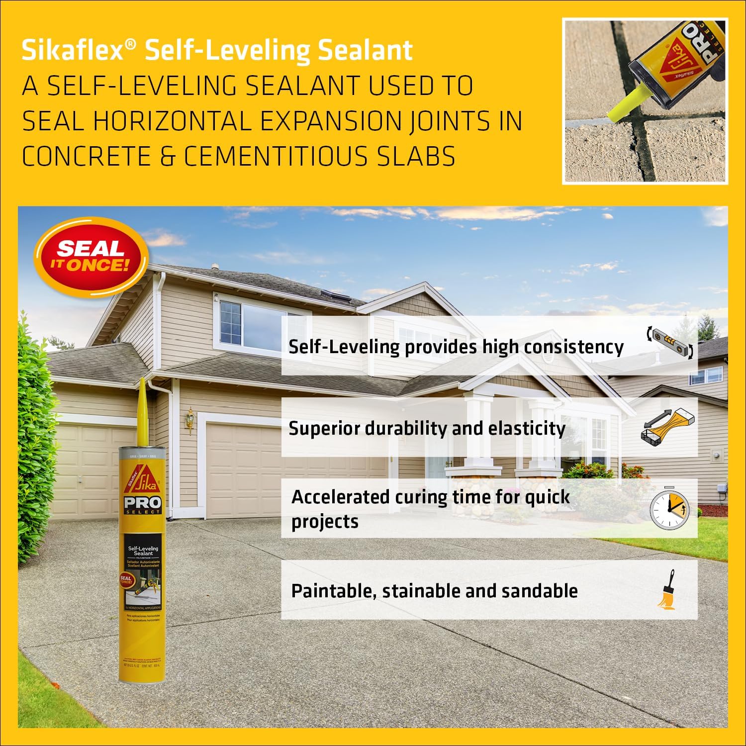 SIKA Sikaflex Self-Leveling Sealant, Gray Polyurethane, Fast Curing, for Concrete Expansion Joints, Waterproof, Paintable, Fills Cracks up to 1.5 in., 10.1 fl. oz Cartridge