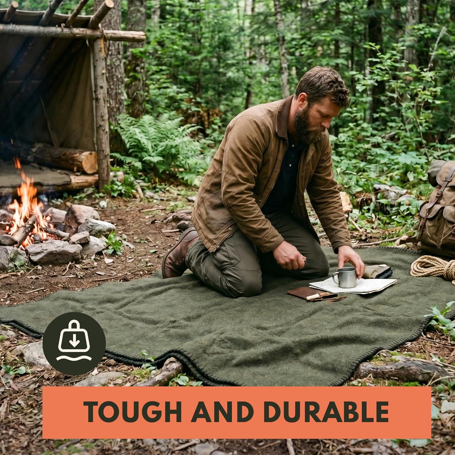 Woolly Mammoth Woolen Company Merino Wool Blanket, 66" x 90" Moss | Temperature Regulating - Fire-Resistant - Warm Camping Blanket for Car Emergency Kits, Picnics, Summer Festivals and Stadiums