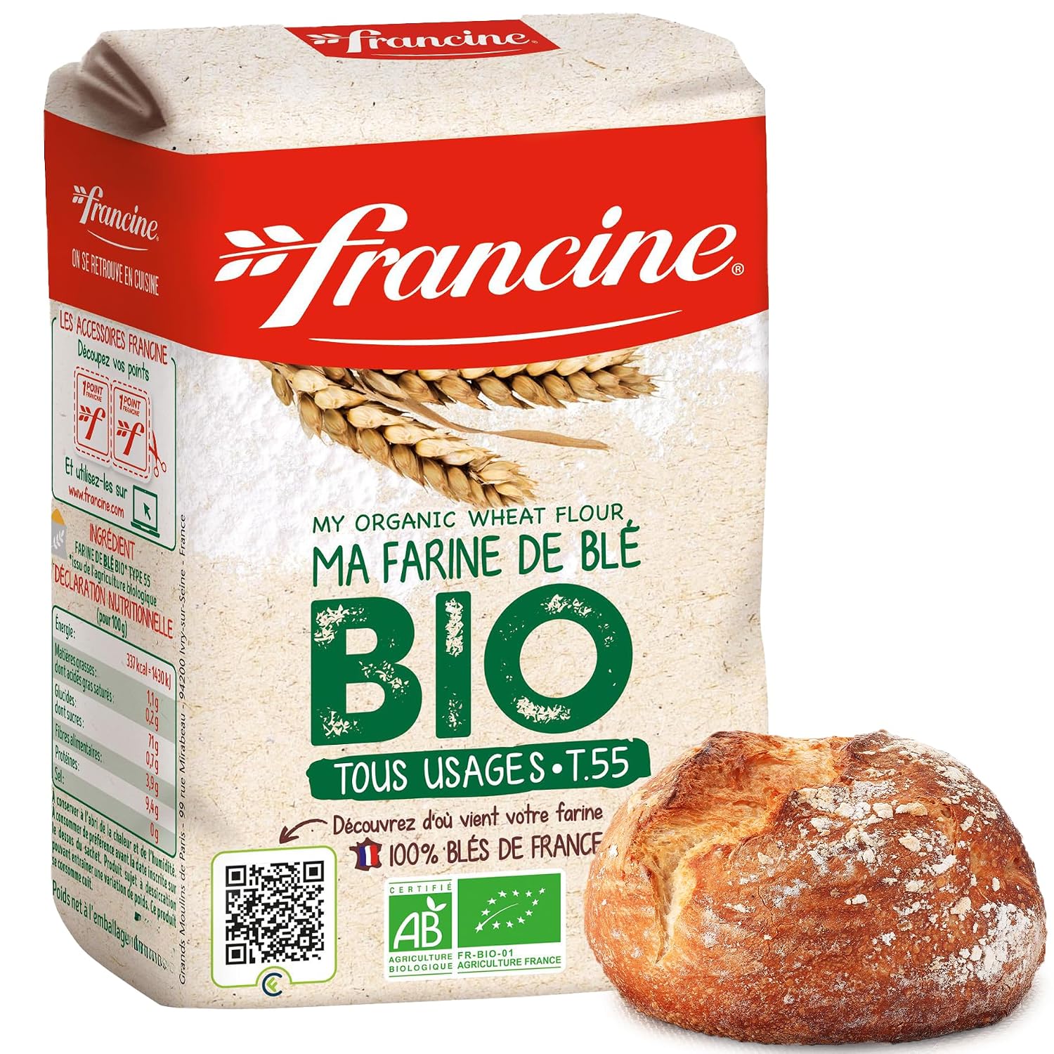 Francine Organic T55 All-Purpose French Flour, EU Certified, 2.2lb (2-Pack)